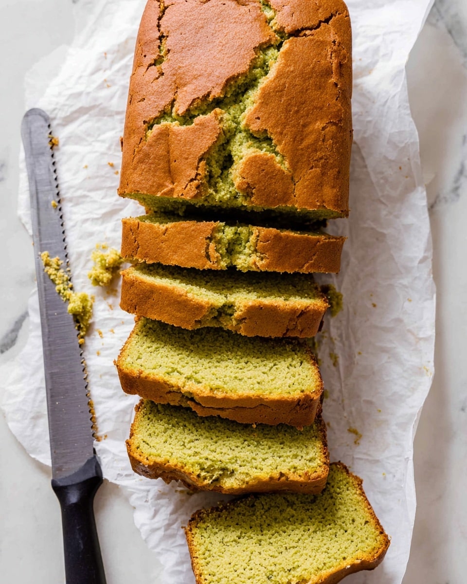 A loaf of green bread is sliced into six thick pieces and placed on white parchment paper over a white marbled surface. The top crust is golden brown with a cracked texture, showing the soft, moist, bright green inside. A serrated knife with a black handle lies beside the bread on the left. The bread looks fresh and slightly crumbly at the edges. photo taken with an iphone --ar 4:5 --v 7