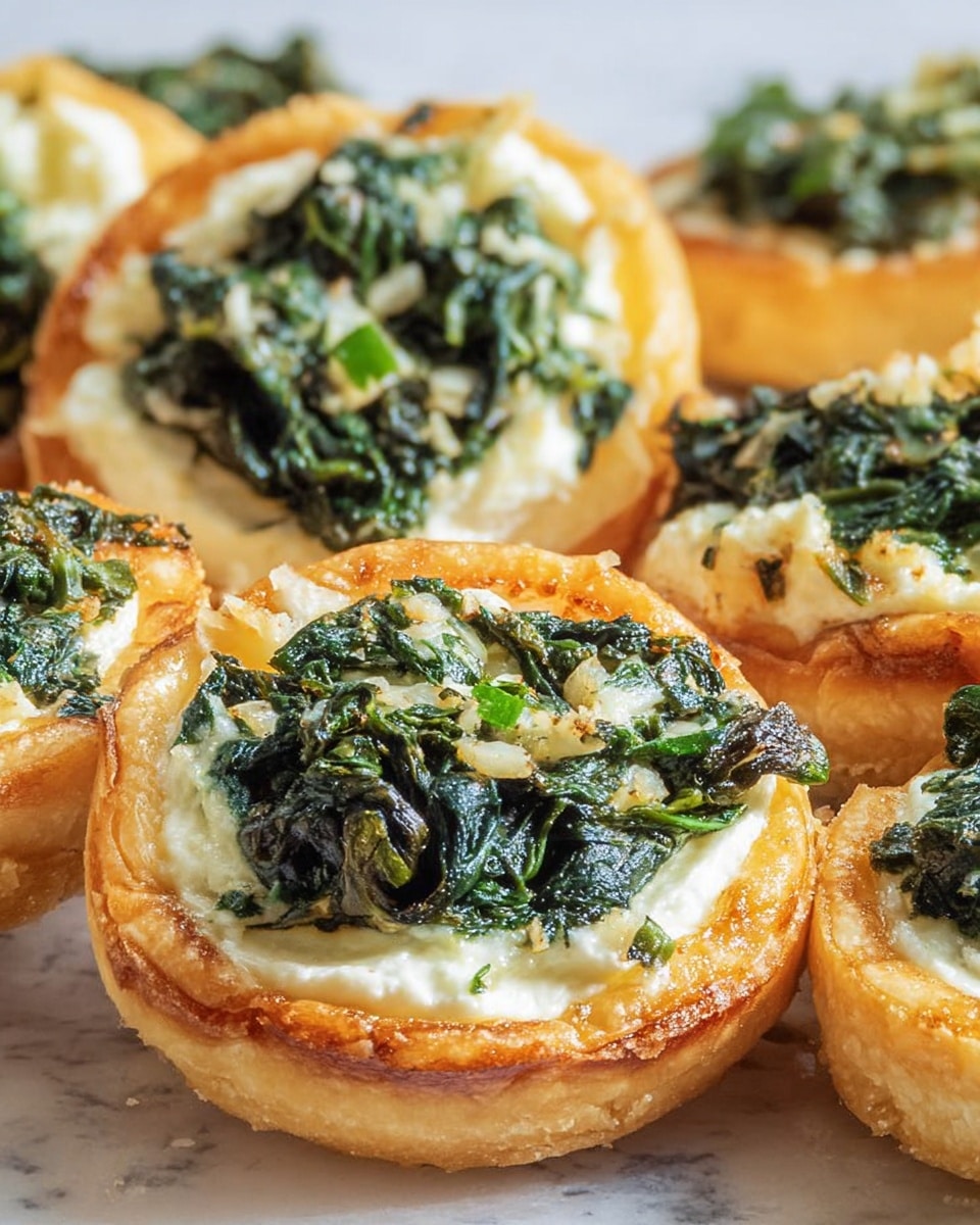 The image shows several small round tarts with three main layers visible. The bottom layer is a golden-brown crispy crust, smooth and slightly shiny. The middle layer is creamy white cheese, soft and spread evenly across the crust. The top layer is a heap of cooked spinach with a dark green color and a slightly wilted texture, scattered with small bits of fresh lighter green herbs. The tarts are placed closely together on a white marbled surface, with a soft, natural light that highlights the glossy texture of the spinach and the golden crust. photo taken with an iphone --ar 4:5 --v 7