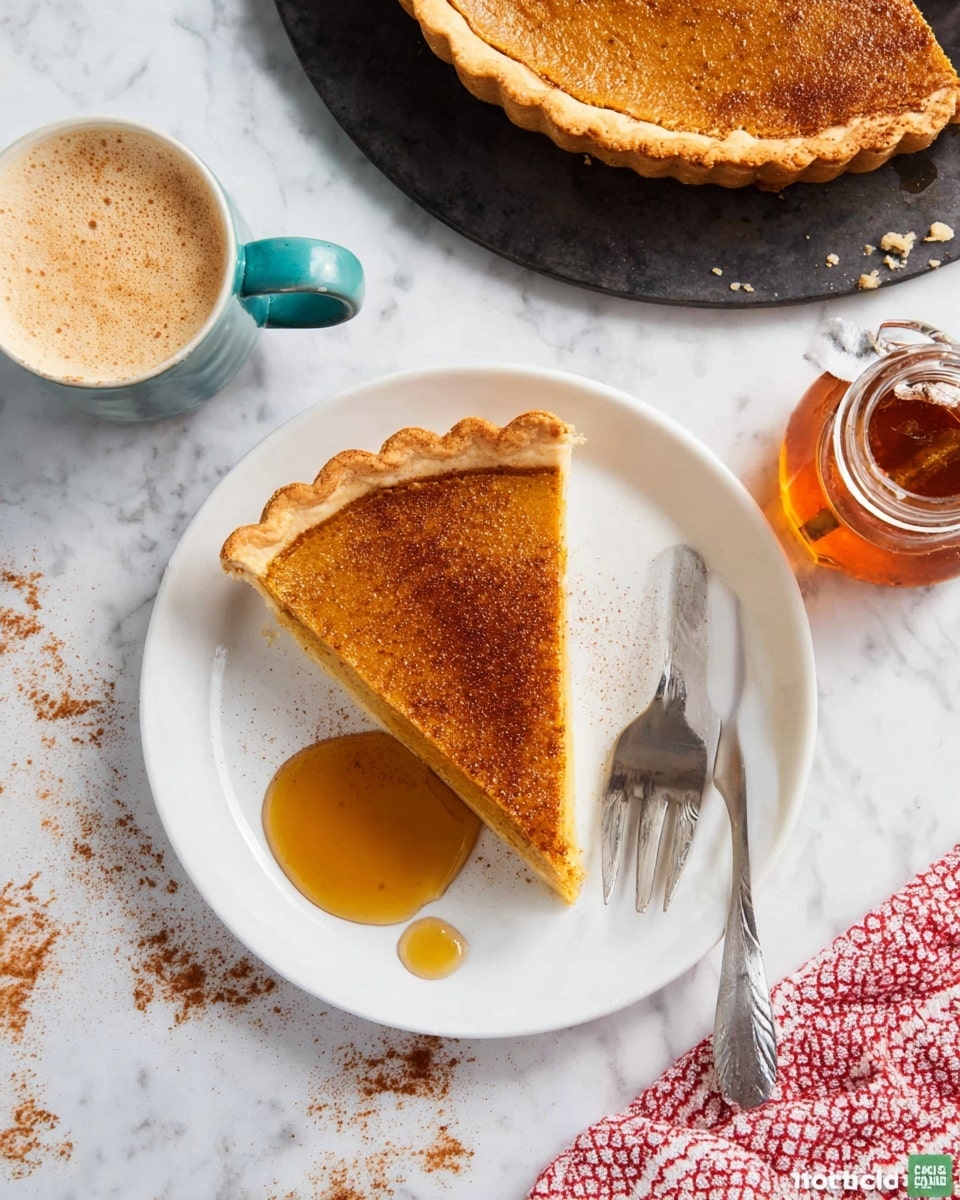 A single slice of pumpkin pie with a light brown, smooth, and slightly glossy top layer sprinkled with cinnamon sits centered on a white plate. The pie crust is golden with scalloped edges, holding the thick orange filling. Next to the pie slice on the plate is a small clear glass jug filled with amber honey, with a few drops of honey on the plate near the pie. A silver fork is placed on the right side of the plate. Above the plate, there is a dark pie pan with the remaining pumpkin pie visible. A cup of frothy coffee in a white mug with a teal handle is to the left. Everything is set on a white marbled surface with some scattered cinnamon powder and pie crumbs. A red and white cloth napkin is partly visible in the bottom right corner of the image. photo taken with an iphone --ar 4:5 --v 7