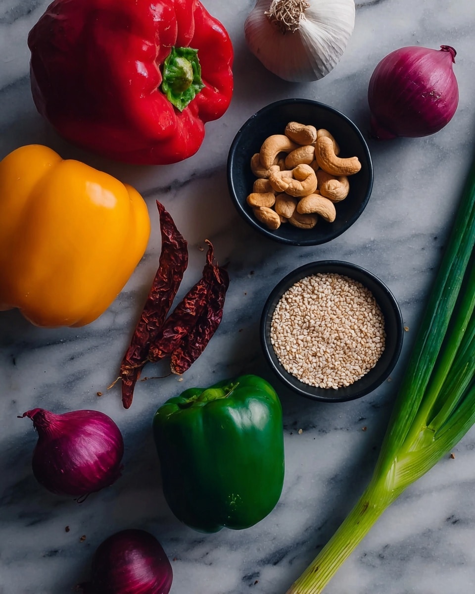 The image shows a flat lay of various colorful ingredients on a white marbled surface. There is a large red bell pepper near the center top, a yellow bell pepper to the lower left, and a green bell pepper on the middle right side. Three dried red chili peppers are placed near the left edge. Two small black bowls are included; one filled with light brown cashew nuts and the other with white sesame seeds. At the top right, there are two heads of garlic, one purple-tinged and one white. Two long green spring onions stretch diagonally from the bottom right corner toward the upper center. Two small round purple onions are positioned near the bottom left corner. The photo taken with an iphone --ar 4:5 --v 7