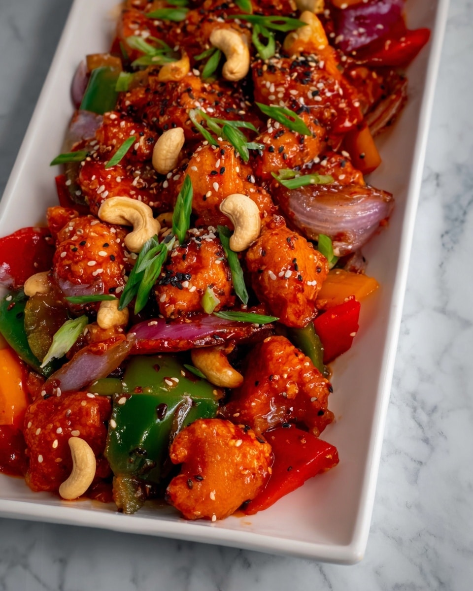 A white rectangular plate holds a colorful stir-fry dish layered with bright orange fried chicken pieces covered in a glossy sauce, mixed with chunks of red and green bell peppers, and sliced red onions. Scattered on top are whole cashew nuts and sprinkled white sesame seeds, adding texture. Fresh green onion slices are lightly spread across, giving a fresh contrast. The plate sits on a white marbled textured surface. photo taken with an iphone --ar 4:5 --v 7