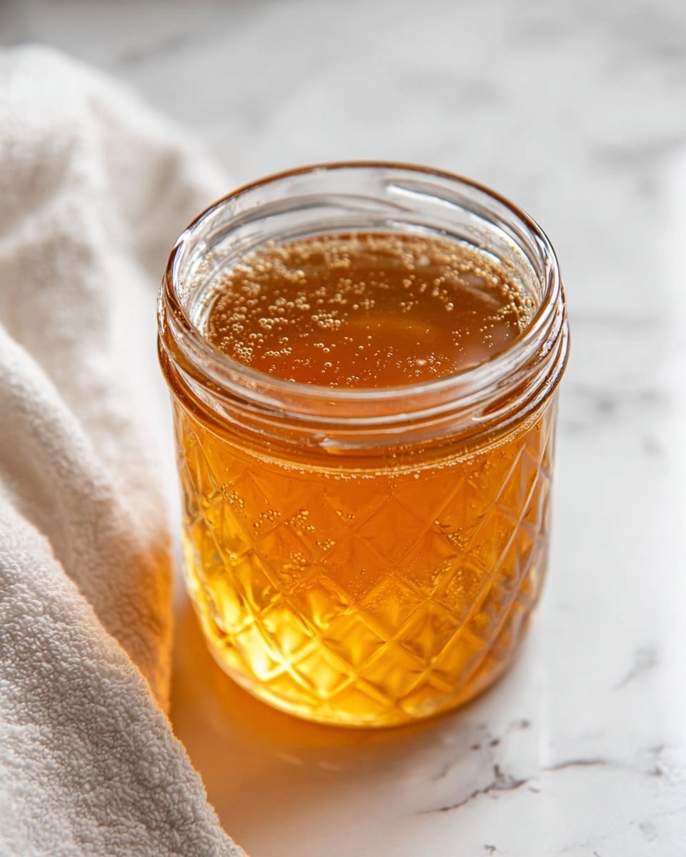 A clear glass jar filled with a single layer of golden honey that shows tiny air bubbles inside. The jar has a diamond-shaped texture and is placed on a white marbled surface with a soft white cloth partially visible on the left side. The photo is taken close-up with soft, natural light highlighting the smooth, shiny surface of the honey photo taken with an iphone --ar 4:5 --v 7
