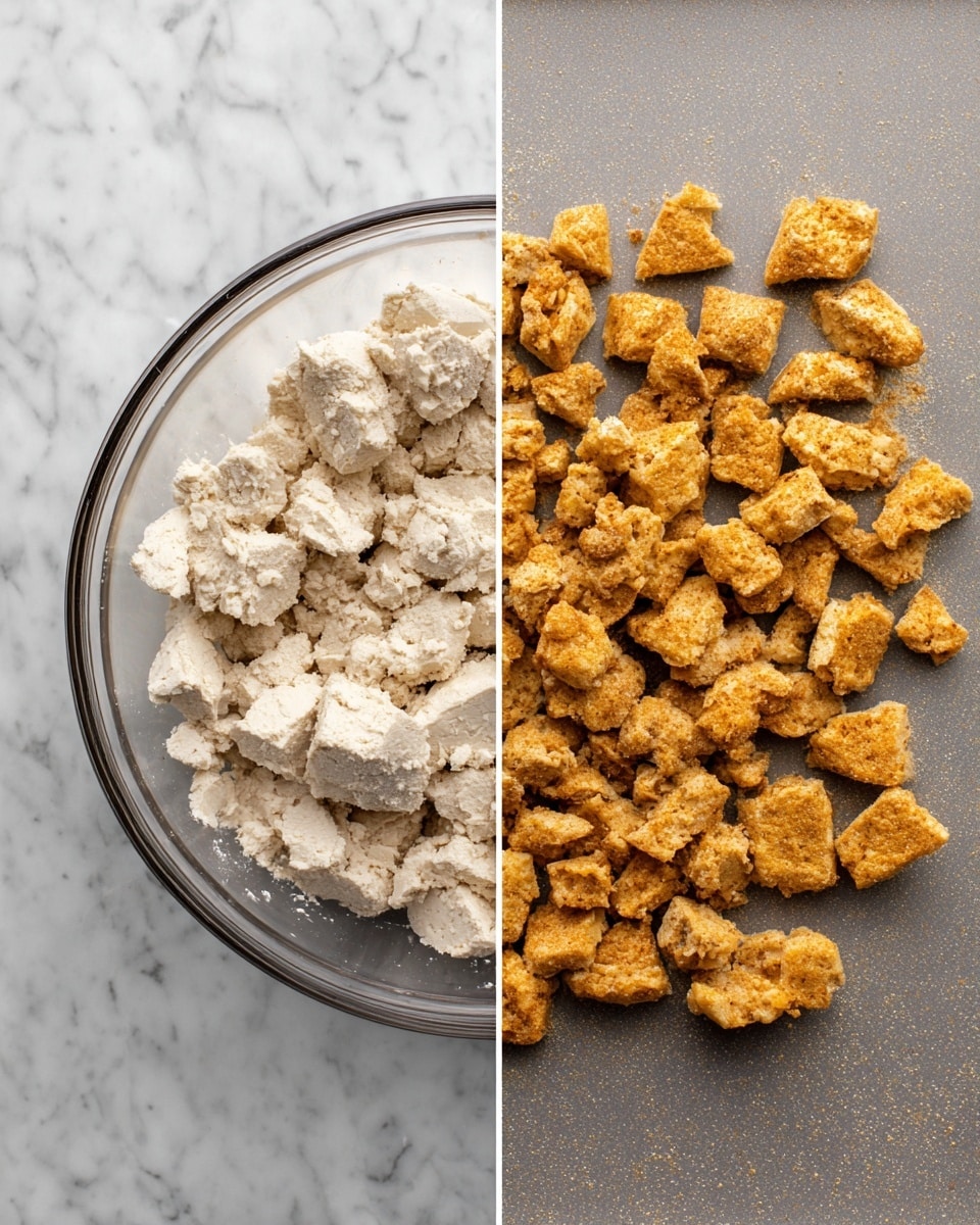 The image shows two side-by-side pictures. On the left side, there is a clear glass bowl filled with rough chunks of a white dough-like mixture with a slightly grainy texture, sitting on a white marbled surface. On the right side, there are many small, irregular-shaped golden brown pieces with a crispy, textured crust spread out evenly on a grey baking tray, also placed on a white marbled surface. Photo taken with an iphone --ar 4:5 --v 7