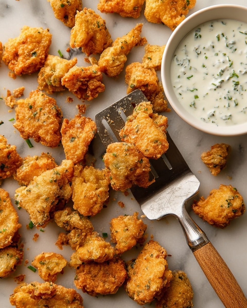 The image shows many small golden brown, crispy pieces of fried food scattered on a white marbled surface. A metal spatula with a wooden handle is lifting a cluster of these irregularly shaped, textured pieces from the surface, showing their crunchy edges and small specks of green herbs in the batter. To the top right, there is a small white bowl filled with a creamy white sauce dotted with small green herb pieces. The overall look is warm and inviting, with a mix of crunchy textures and smooth sauce. Photo taken with an iphone --ar 4:5 --v 7