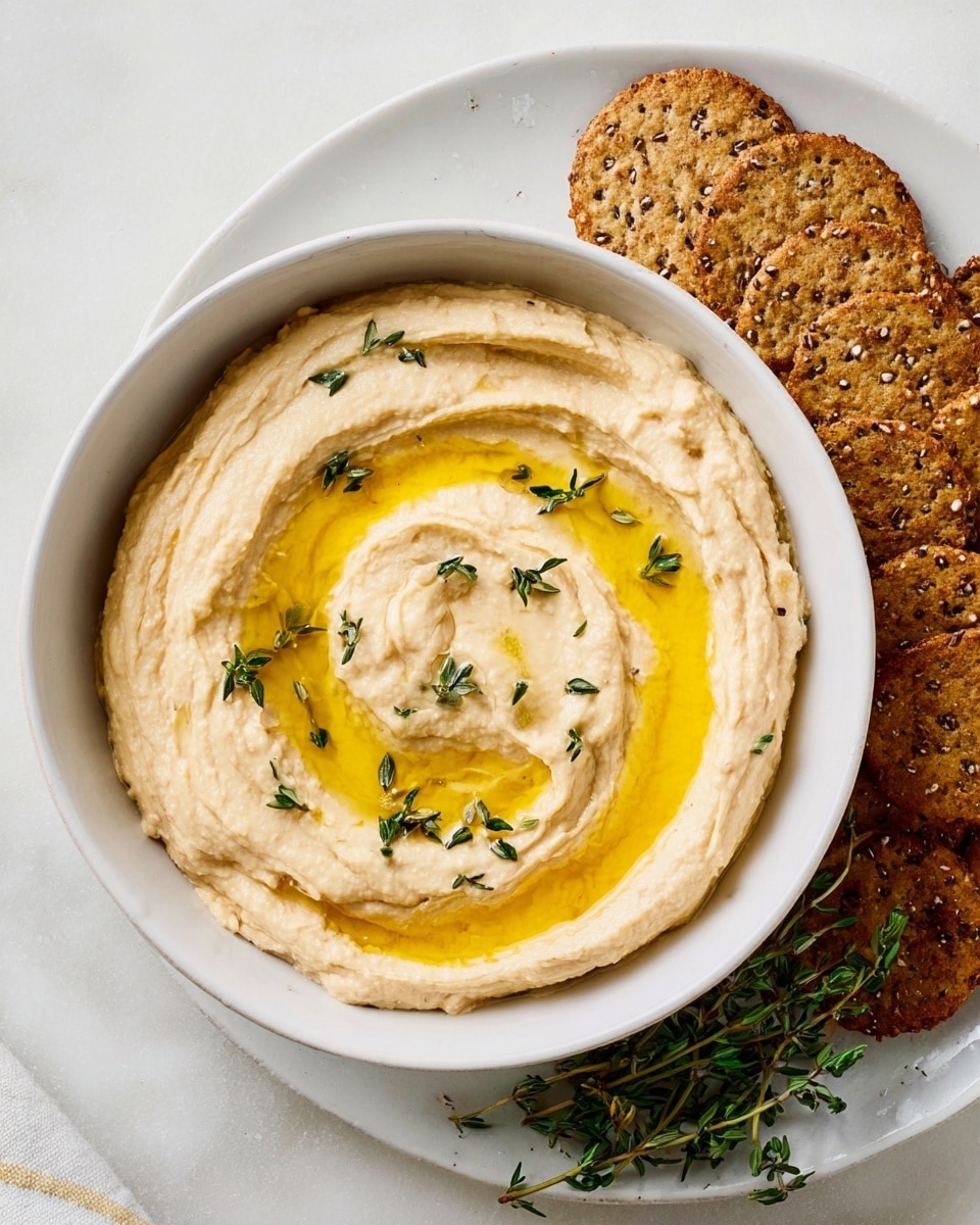 A white bowl filled with smooth, creamy hummus swirled with a layer of golden olive oil on top, scattered with small green thyme leaves for garnish. The hummus has a light beige color and a soft, thick texture with gentle ridges from the swirl. The bowl sits on a white marbled surface, next to a white plate holding several round, brown seeded crackers with visible seeds and a rough texture. Some fresh thyme sprigs are placed beside the bowl, adding a touch of green to the scene. Photo taken with an iphone --ar 4:5 --v 7