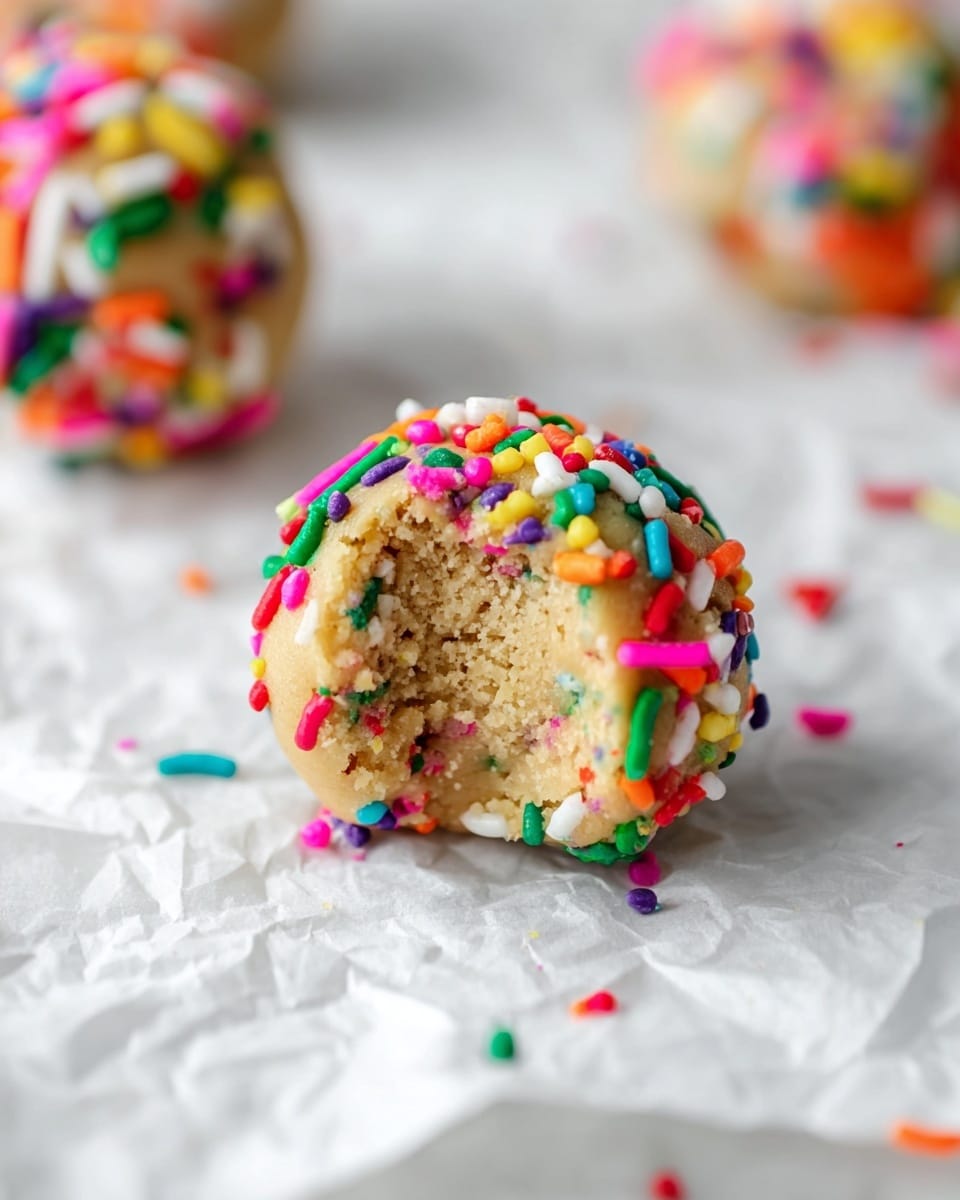 A round cookie dough ball with a beige soft texture is partly bitten on the right side, showing a dense inside mixed with small colorful sprinkles. The surface of the ball is covered with a thick layer of vibrant sprinkles in red, green, white, yellow, pink, purple, orange, and blue, including small round and long cylindrical shapes. The dough ball rests on crumpled white parchment paper on a white marbled surface, with some sprinkles scattered around. In the blurred background, there are more cookie dough balls covered in sprinkles. Photo taken with an iphone --ar 4:5 --v 7