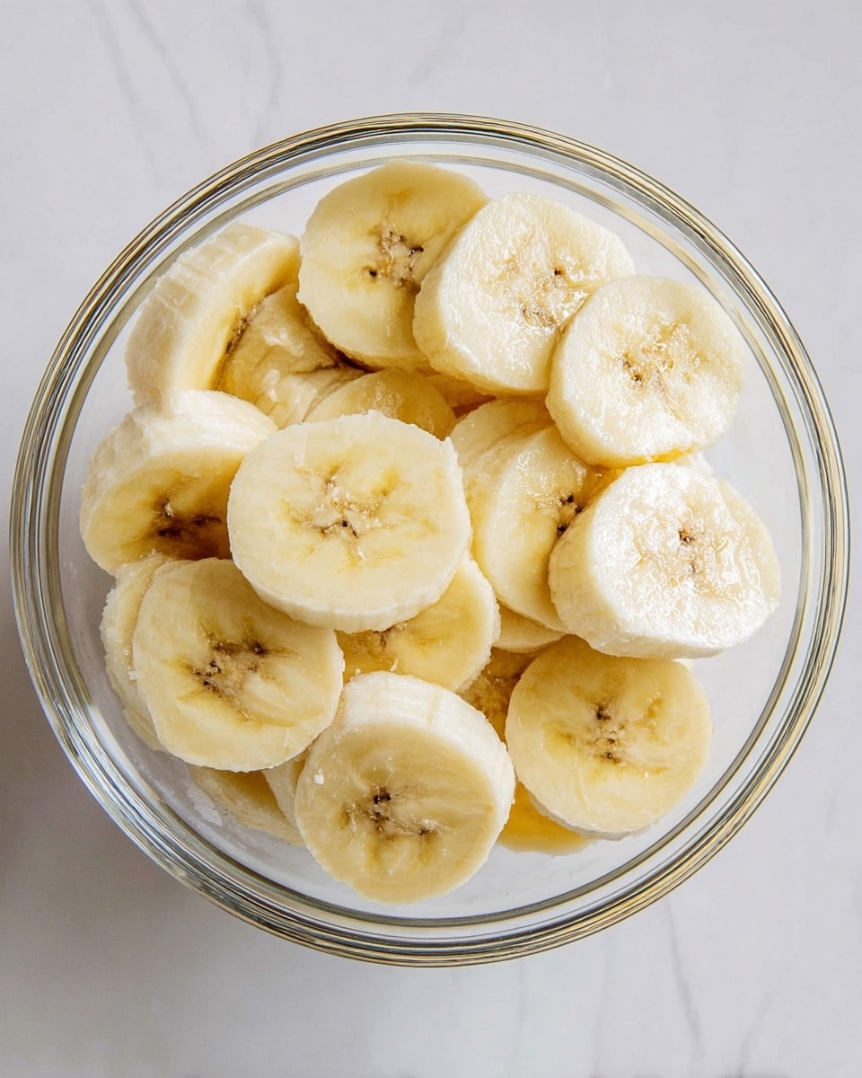 A clear glass bowl filled with many slices of banana, each slice showing a pale yellow color with a smooth texture and a few small brown seeds visible in the center, the slices layered lightly on top of each other, set on a white marbled surface photo taken with an iphone --ar 4:5 --v 7