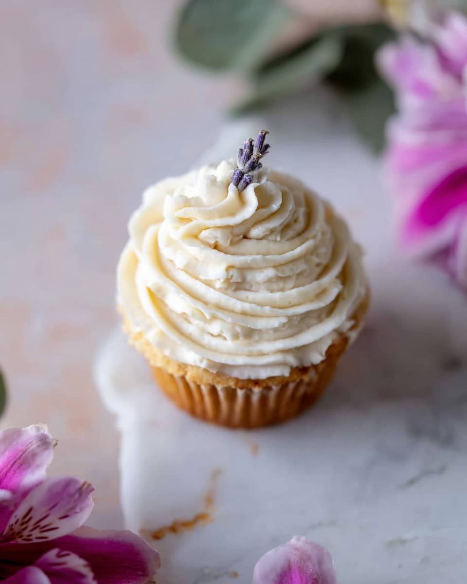 The image shows a single cupcake with a golden brown base topped with a large swirl of light cream-colored frosting that has a soft, fluffy texture. The frosting is piped in a circular motion, creating layers with ridges and peaks. A small sprig of purple lavender flower is placed on the side of the frosting. The cupcake is on a white marbled surface with blurred pink flower petals and green leaves around it, adding a soft and natural touch. Photo taken with an iphone --ar 4:5 --v 7