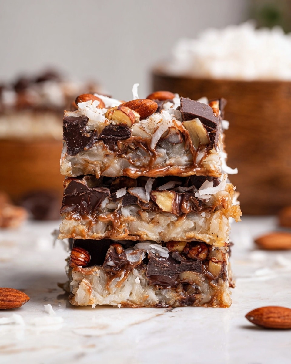 The image shows a close-up of a stack of three thick bars with multiple layers, placed on a white marbled surface. Each bar has a top layer composed of light-colored shredded coconut and large chunks of dark chocolate mixed with nuts. The middle layer is dense and sticky, filled with melted chocolate, whole nuts, and shredded coconut that blend together with a slightly shiny texture. The bottom layer is similar to the middle with dark chocolate chunks, nuts, and shredded coconut but appears a bit more compressed and glossy. The background is softly blurred with a wooden container filled with shredded coconut. photo taken with an iphone --ar 4:5 --v 7