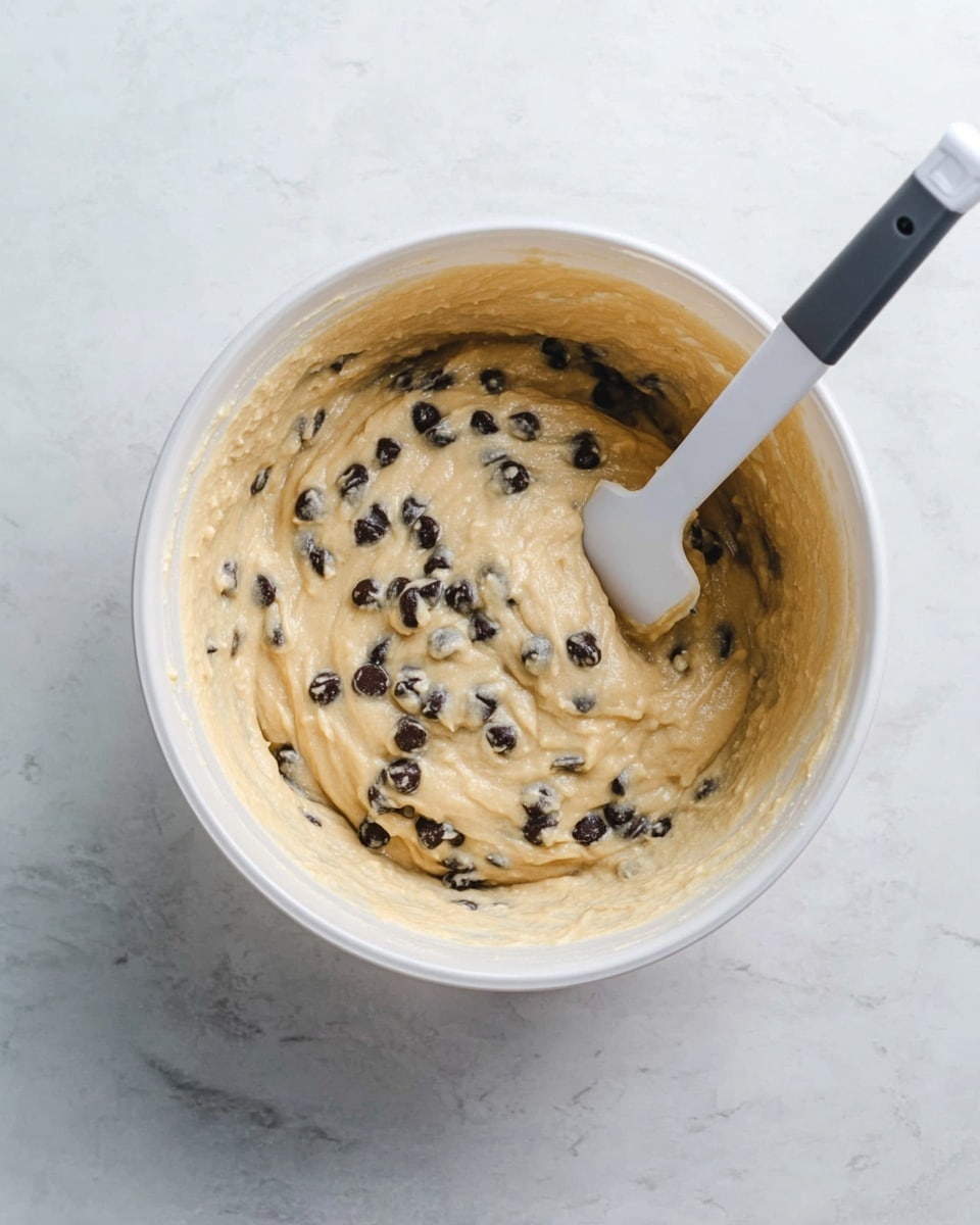A white bowl filled with light tan thick batter mixed with dark chocolate chips scattered throughout. A white spatula with a black handle is partially submerged on the right side, stirring the batter. The bowl sits on a white marbled surface with faint grey veins. photo taken with an iphone --ar 4:5 --v 7