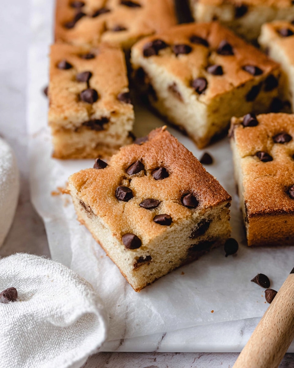 The image shows several square pieces of chocolate chip cake arranged on a white marbled surface covered with white parchment paper. Each piece has one layer, a light golden brown top with a porous, soft texture, dotted with many dark chocolate chips. The inside of the cake is light tan with a fluffy crumb filled with scattered chocolate chips, making a contrast of light and dark colors. In the front center, one piece is slightly tilted forward, showing its interior clearly. A white cloth is partially visible in the foreground, and a wooden utensil handle is seen at the lower right corner. Photo taken with an iphone --ar 4:5 --v 7
