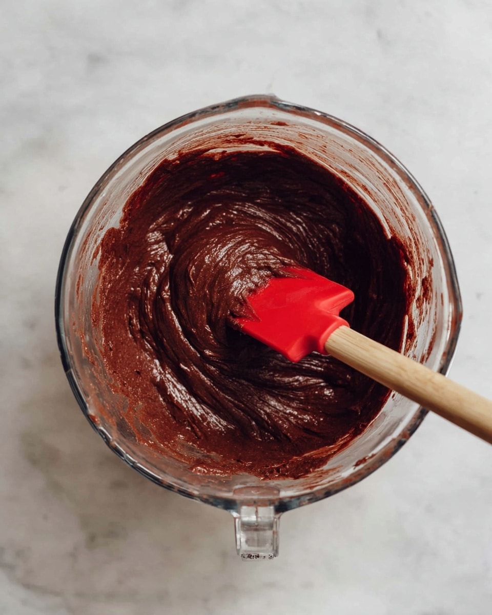 A clear glass measuring cup filled with thick, dark brown chocolate batter with a smooth and dense texture. A red silicone spatula with a wooden handle is partially submerged in the batter, showing some folds and swirls. The setup is on a white marbled surface. photo taken with an iphone --ar 4:5 --v 7