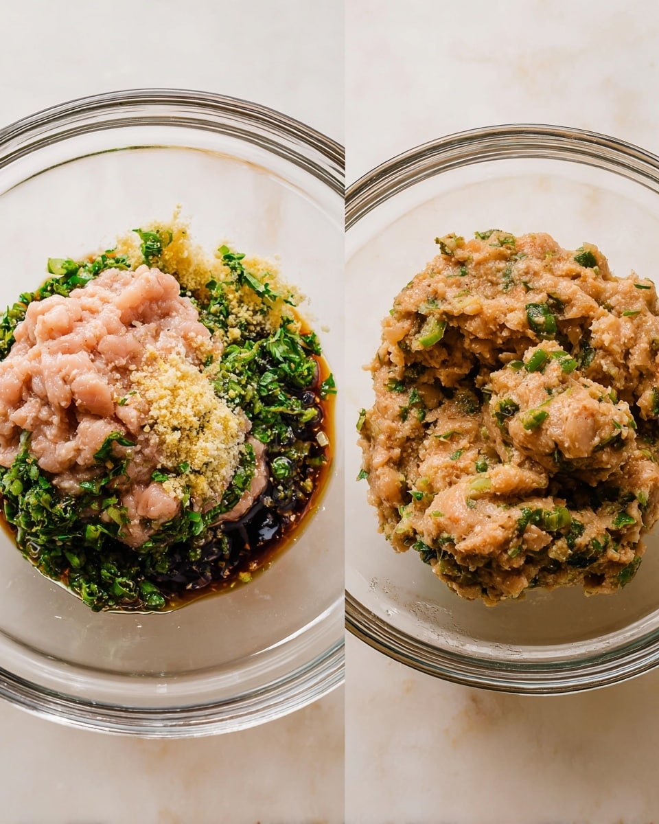 The image shows two clear glass bowls placed side by side on a white marbled surface. The bowl on the left has three layers: the base is light pink raw ground meat, topped with chopped bright green herbs mixed with fine, light yellow minced garlic or ginger, and dark glossy soy sauce drizzled on top, creating a mix of colors and textures. The bowl on the right contains a single mixed layer where the meat and herbs have been combined, showing a brownish-pink color with green herb bits scattered throughout, giving it a sticky, uneven texture. photo taken with an iphone --ar 4:5 --v 7