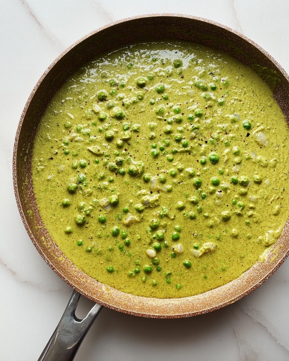 A round pan with a slightly worn brown edge holds a thick, green curry sauce covering the whole pan surface. The sauce is creamy with a grainy texture and scattered green peas throughout. There are small pieces of translucent onions mixed in, giving extra texture. The pan handle extends to the lower right, and the background is a smooth white marbled surface. Photo taken with an iphone --ar 4:5 --v 7