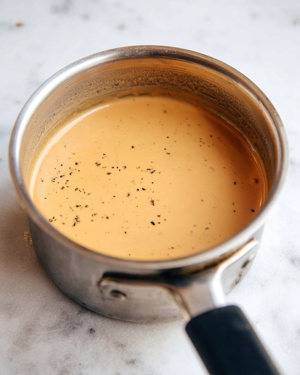 A shiny stainless steel pot filled with a smooth, creamy light brown sauce speckled with small black pepper bits floating on the surface, sitting on a white marbled countertop. The pot’s handle extends forward with a black grip, showing slight reflections of light. The sauce looks thick and even in texture with a uniform color throughout. photo taken with an iphone --ar 4:5 --v 7