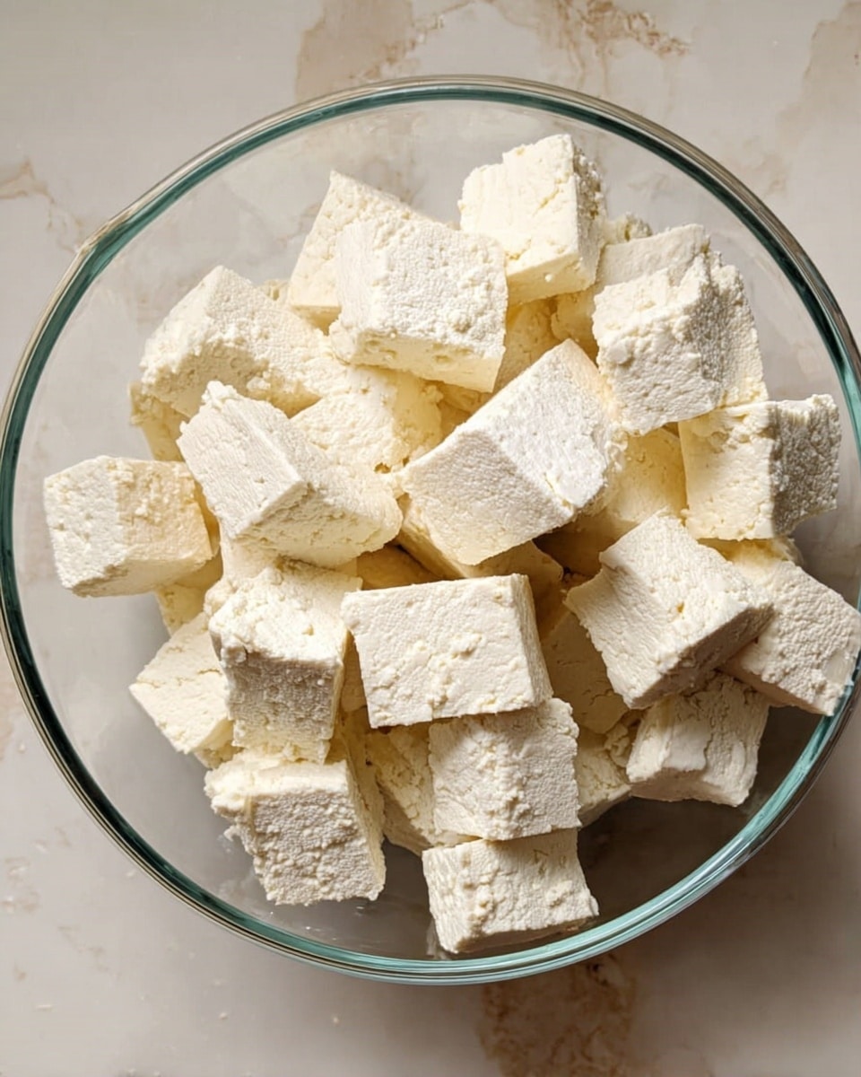 A clear glass bowl filled with many uneven white tofu cubes stacked closely together, showing a spongy and slightly rough texture on each piece, all sitting on a white marbled surface photo taken with an iphone --ar 4:5 --v 7