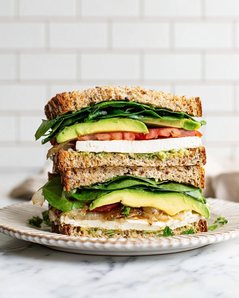 The image shows a thick sandwich made of three slices of seeded whole grain bread. The sandwich is divided into two parts by the middle bread slice. The bottom layer has a green leaf, a thick white tofu slice, slices of avocado, and some light spread with a creamy texture, all stacked on the seeded bread slice. The upper layer has dark green lettuce leaves, a thick white tofu slice, slices of avocado, tomato slices, and some cooked onions, all held between the top and middle bread slices. The sandwich sits on a white plate with a textured rim, placed on a white marbled surface, and the background features a white brick wall. photo taken with an iphone --ar 4:5 --v 7