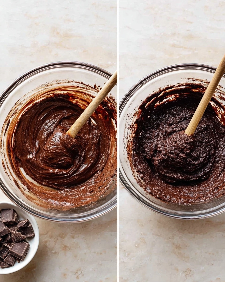 The image shows two clear glass mixing bowls on a white marbled surface. Each bowl contains thick, dark brown chocolate batter. On the left side, the batter looks smooth and creamy with a wooden spoon resting inside, coated in the chocolate mixture. On the right side, the batter is darker, denser, and clumpy, with the same wooden spoon standing in the bowl, also covered with the chocolate mix. A small white bowl with dark chocolate chunks is partly visible on the left edge. photo taken with an iphone --ar 4:5 --v 7
