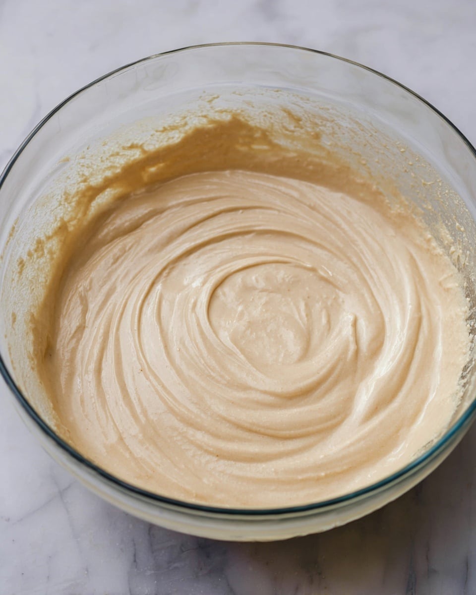 A clear glass bowl filled with smooth, creamy light beige batter that swirls gently in a circular pattern, with subtle texture from mixing visible on the surface and the sides of the bowl showing residue from the batter. The bowl is placed on a white marbled surface. photo taken with an iphone --ar 4:5 --v 7
