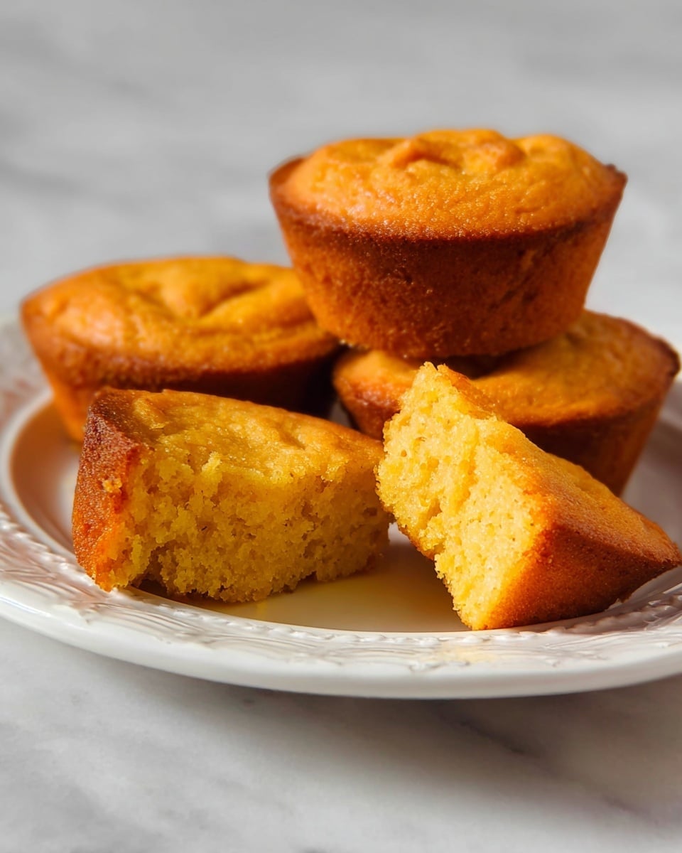 Four small golden brown cornbread muffins are placed on a white plate with a raised pattern along the edge, set on a white marbled surface. Three muffins are whole, stacked slightly behind, showing a smooth domed top with a warm, toasted color. One muffin is broken into two pieces and positioned in front, revealing a soft, moist, and fluffy inside with a golden yellow texture. The lighting highlights the warm tones and texture of the muffins clearly. photo taken with an iphone --ar 4:5 --v 7