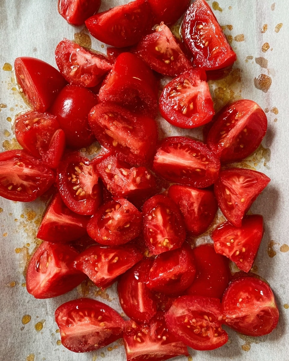 A single layer of unevenly cut red tomato pieces spread out on a sheet of parchment paper with visible oil stains and seeds around the pieces. The tomatoes have a fresh and juicy texture, showing some seeds and inner flesh details, with light reflections on the shiny wet surfaces. The background is a white marbled texture. photo taken with an iphone --ar 4:5 --v 7