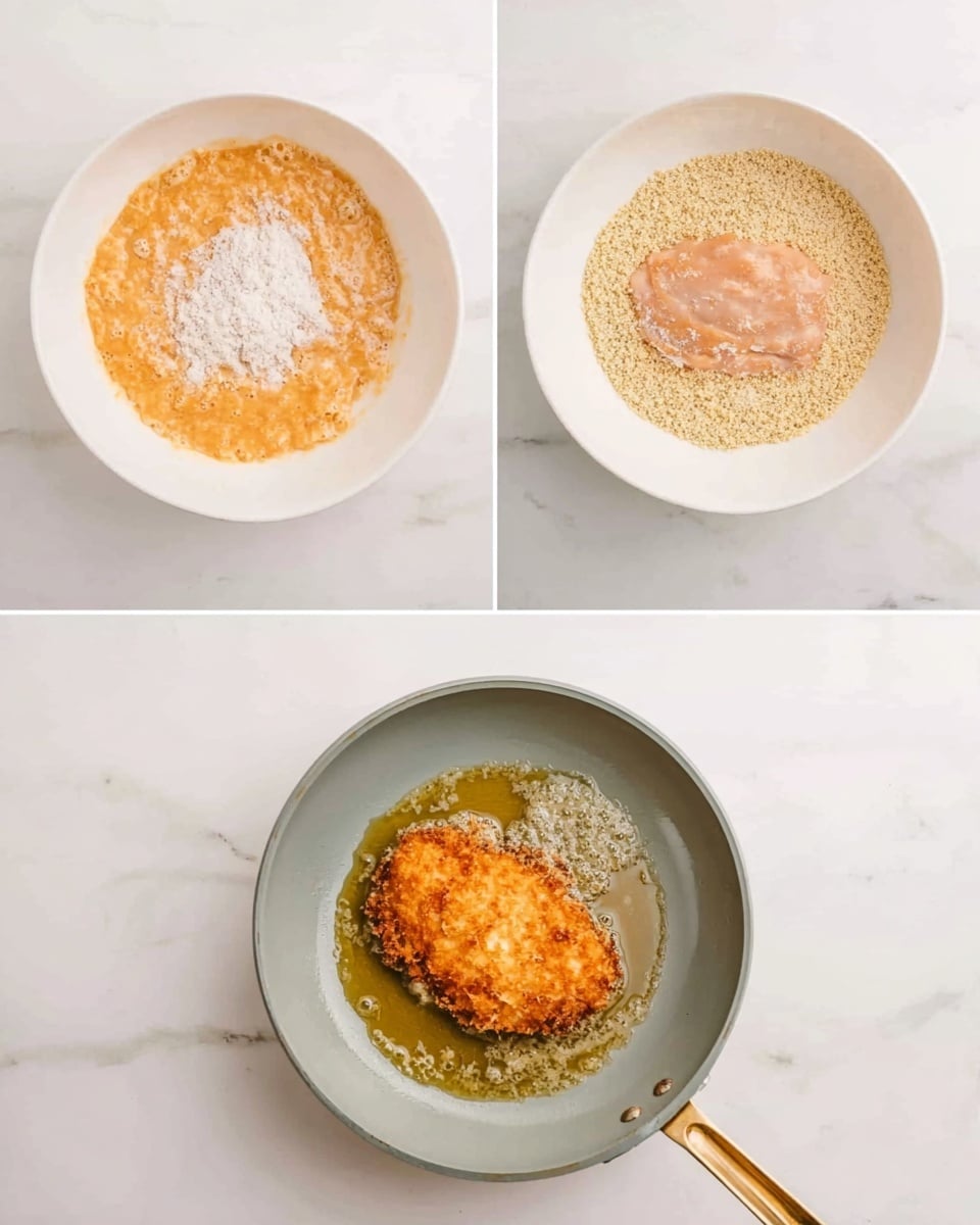 The first image shows a white bowl with a rough mixture of a thick pale orange batter at the bottom and a piece of pale raw meat covered in white powder placed on top in the center. The second image shows a white bowl with a pale orange batter-covered piece of meat placed in the middle, resting on a bed of coarse light beige crumbs evenly spread across the bowl's bottom. The third image shows a gray pan with a shiny gold handle filled with bubbling oil, frying a golden brown, crispy piece of meat in the center, sitting on a white marbled surface. photo taken with an iphone --ar 4:5 --v 7