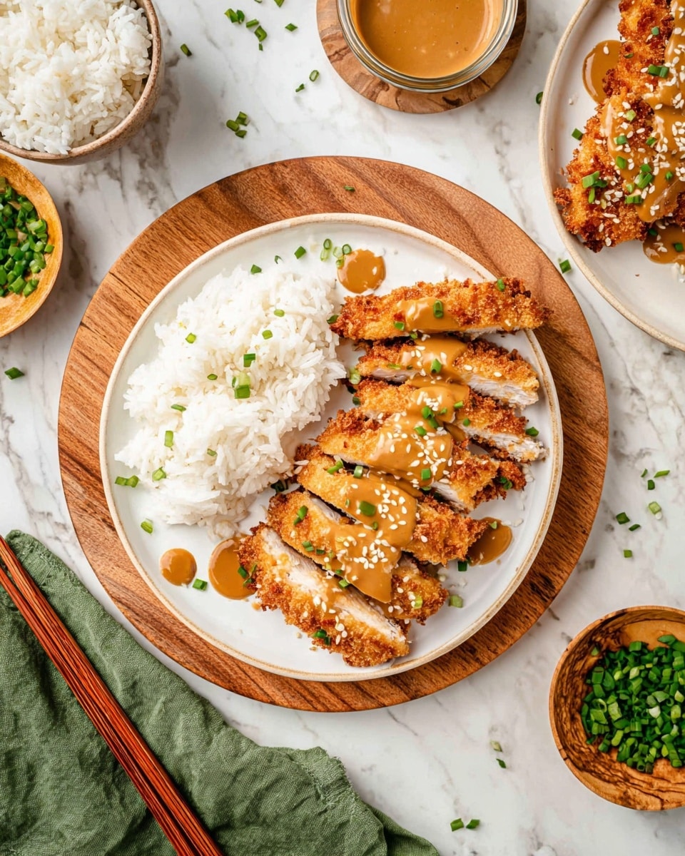 The image shows a white plate with steamed white rice on one side and five slices of crispy, golden-brown fried chicken on the other side, each topped with a smooth, light brown sauce and sprinkled with white sesame seeds and green chopped scallions. The plate is placed on a round wooden board set on a white marbled surface. Around the plate, there is a small bowl of green chopped scallions, a small wooden bowl with the same light brown sauce, and another bowl partially visible with more rice. In the bottom left corner, a pair of wooden chopsticks rests on a green cloth. Photo taken with an iphone --ar 4:5 --v 7