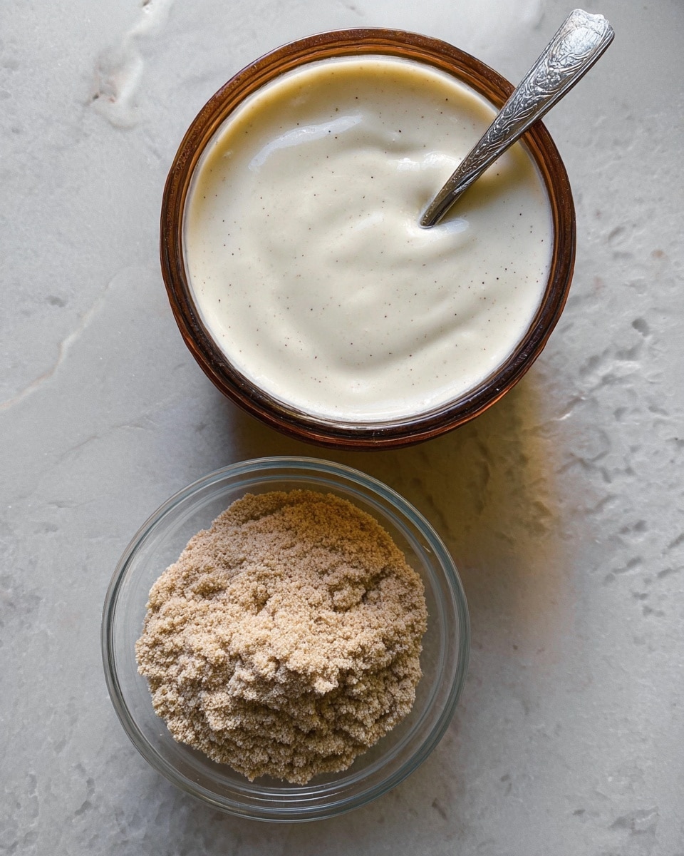 The image shows two containers on a white marbled surface. The top container is a round, open tub filled with smooth, creamy white sauce with tiny black specks, and a silver spoon resting inside it. Below it is a small clear glass bowl filled with dry, crumbly light brown powder. The containers are simple and the focus is on the texture contrast between the creamy sauce and the powder. photo taken with an iphone --ar 4:5 --v 7