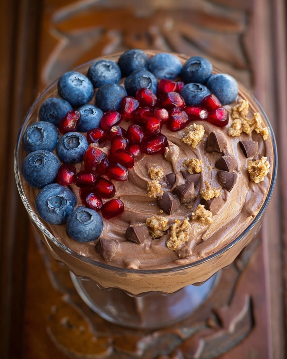 A clear glass bowl holds a thick, creamy light brown chocolate mousse as the base layer, smoothed with swirl patterns. The top is decorated with three sections of toppings: bright red pomegranate seeds clustered on one side, a row of fresh, plump blue blueberries along the bottom edge, and scattered small brown chocolate chips mixed with light brown crumbled granola pieces spread over the mousse. The bowl sits on a wooden surface with carved details visible underneath. photo taken with an iphone --ar 4:5 --v 7