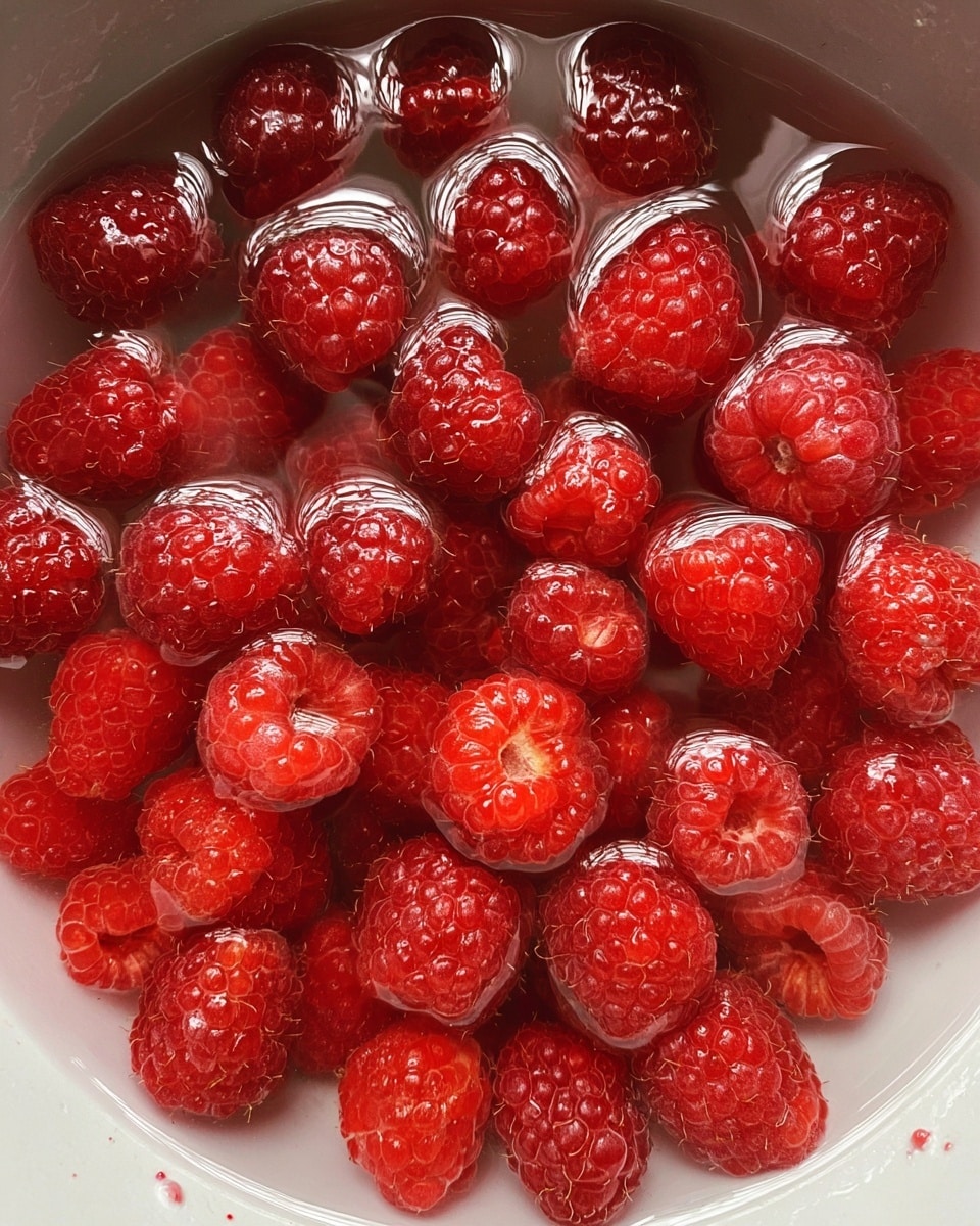 The image shows a close-up of many bright red raspberries soaking in clear water inside a round white bowl. The raspberries fill the bowl, with their bumpy texture and small seeds visible. Some berries float while others are slightly submerged, showing a shiny wet surface. The background has a white marbled texture. Photo taken with an iphone --ar 4:5 --v 7