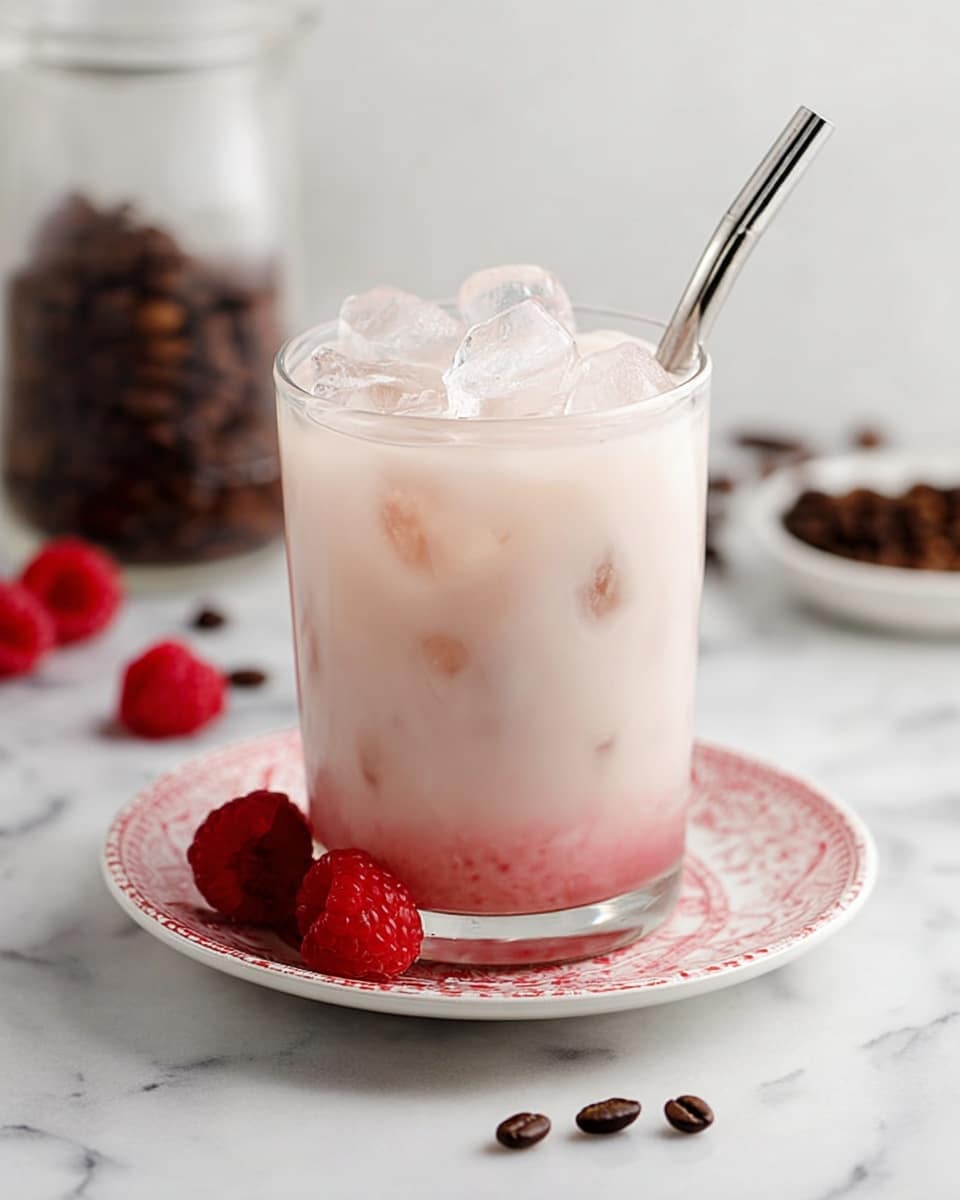 A clear glass filled with pale pink iced drink, showing many ice cubes inside. The drink has a smooth, creamy texture with a hint of deeper pink color at the bottom. The glass sits on a white plate with red patterns around the edge, placed on a white marbled surface. Around the glass, there are a few whole red raspberries and some dark brown coffee beans scattered. A shiny metal straw is inside the glass, slightly tilted. Photo taken with an iphone --ar 4:5 --v 7