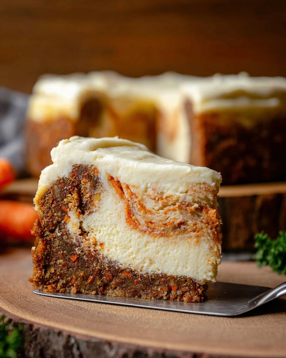A close-up of a slice of carrot cake cheesecake sitting on a silver spatula on a wooden surface with a blurred background. The dessert has three layers: the bottom layer is a dark brown carrot cake with visible bits of carrot and texture, the middle layer is a thick, creamy white cheesecake layer, and the top layer is a smooth, white cream cheese frosting. The cake slice shows a slight swirl where the cheesecake and carrot cake meet, creating a marbled effect. In the background, the rest of the cake is partially visible. Photo taken with an iphone --ar 4:5 --v 7
