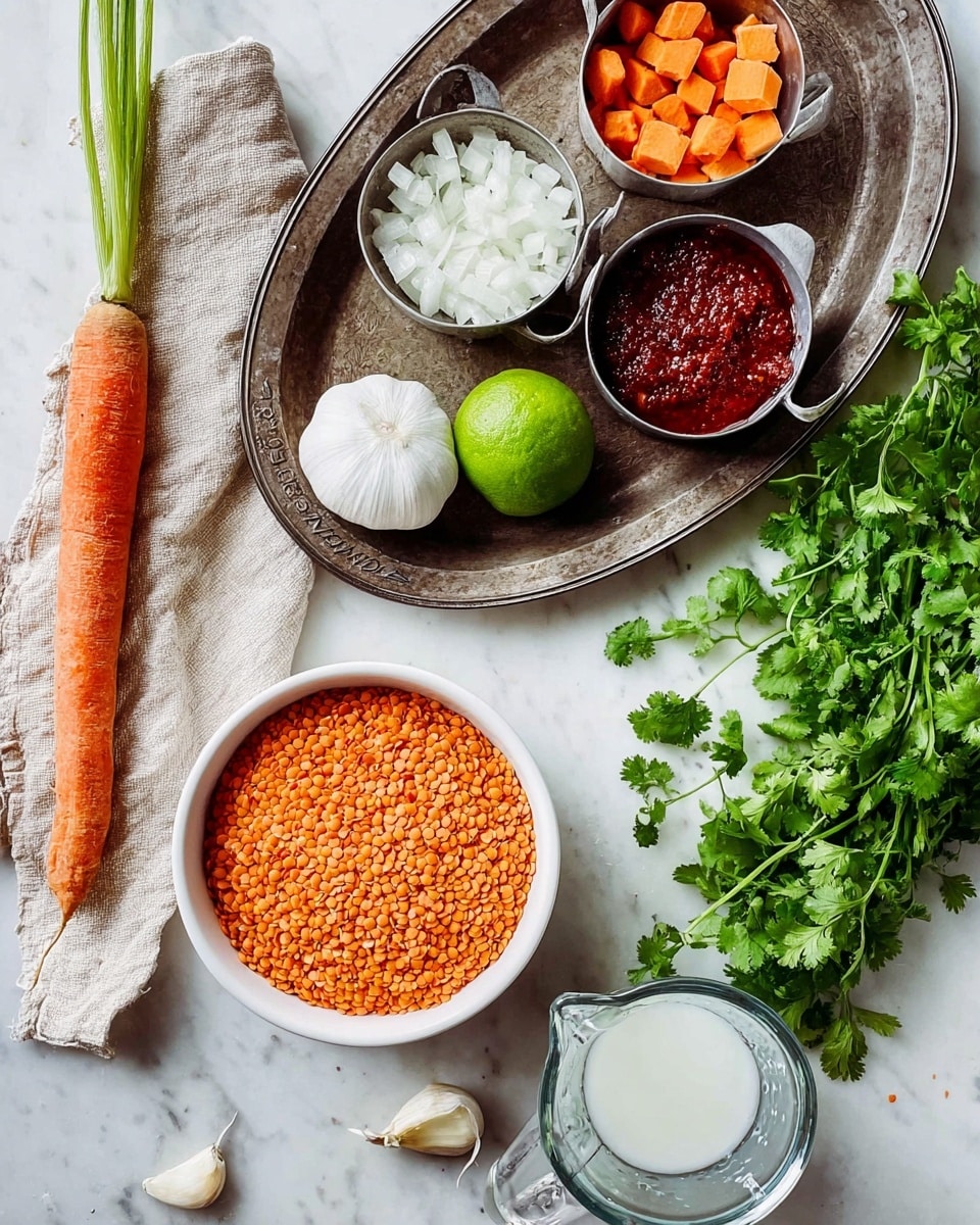 A top view of a white bowl filled with small orange lentils placed on a white marbled surface. Above the bowl, there is an old metal oval tray holding three metal measuring cups, each filled with different ingredients: bright orange carrot slices, white chopped onions, and dark red tomato paste. A whole green lime and two garlic bulbs rest on the tray beside the cups. To the left side, a fresh whole carrot with green tops lies next to a beige cloth. On the right side of the image, a bunch of fresh green cilantro is spread out loosely, and a clear glass measuring cup filled with a white liquid is placed near the cilantro. photo taken with an iphone --ar 4:5 --v 7