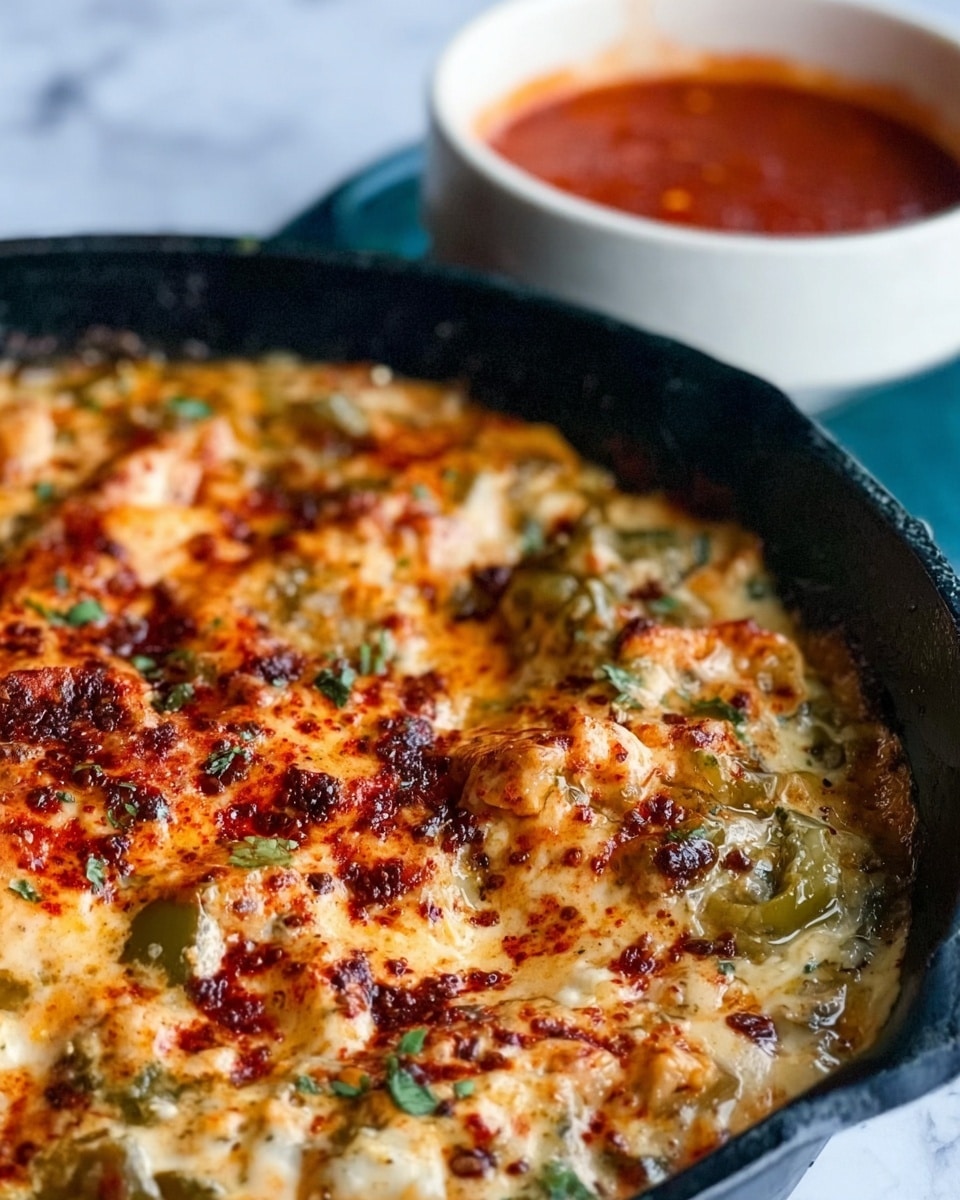The image shows a close-up of a black skillet filled with a cheesy, creamy dish that has green pieces mixed in, likely vegetables or herbs. On top, there are red spices sprinkled over the melted, slightly browned cheese, adding a pop of color and texture. In the background, there is a white bowl with a red sauce, sitting on a white marbled surface. The overall look is warm and savory with layers of melted cheese and chunks of green ingredients visible. Photo taken with an iphone --ar 4:5 --v 7