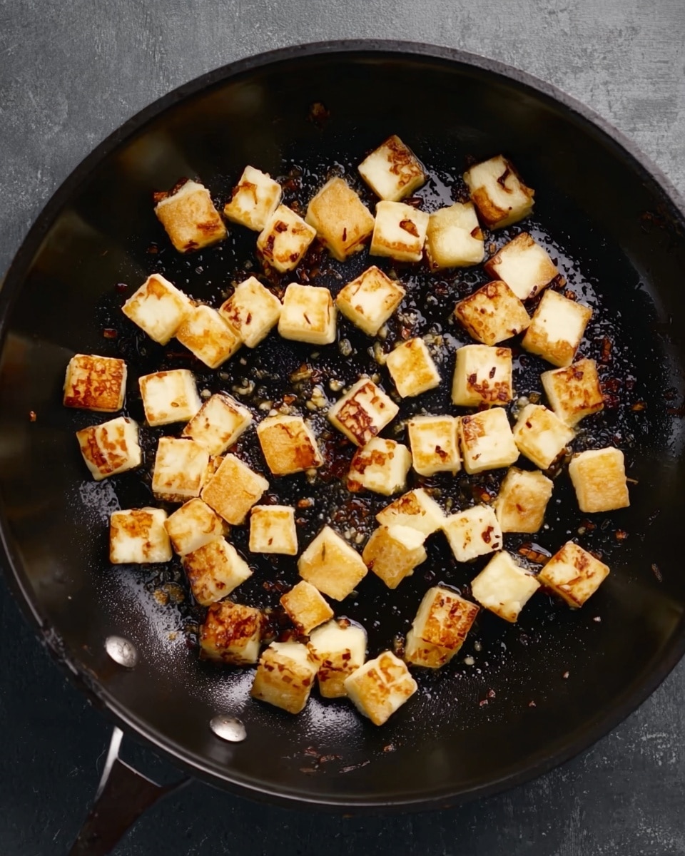 The image shows a black cast iron pan with many small cubes of fried halloumi cheese scattered inside. The cubes are light golden brown on some sides, indicating they are fried. There are small dark brown bits that look like seasoning or small pieces of food mixed in with the cheese cubes. The pan is placed on a surface with a dark gray color. photo taken with an iphone --ar 4:5 --v 7