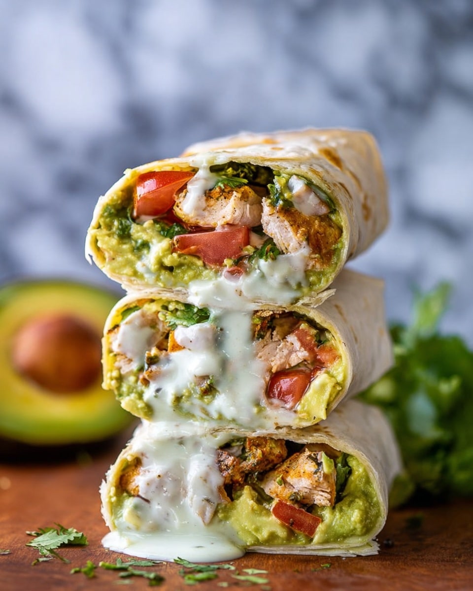The image shows a stack of three cut wraps placed one on top of the other on a wooden surface, against a blurred white marbled background. Each wrap has a soft, pale beige outer tortilla layer. Inside, layers of creamy white sauce drip slightly, covering bright green mashed avocado, chunks of light brown seasoned chicken, and fresh red tomato pieces mixed with green herbs. The wraps are cut to show all the colorful fillings inside clearly. In the background, there is a halved avocado with a dark green skin and a small bunch of fresh green cilantro. Photo taken with an iphone --ar 4:5 --v 7