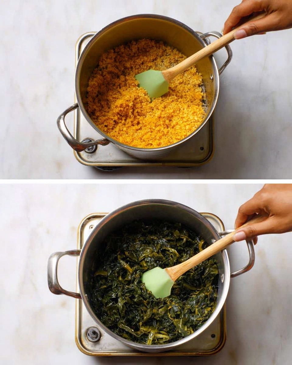 Two images show cooking in metal pots placed on a white marbled surface. In the first image, a woman's hand holds a wooden spatula stirring a pot filled with a yellow-orange grain mixture that looks soft and crumbly. The second image shows a different metal pot on a small hot plate, with a wooden spatula with a light green silicone head stirring cooked dark green leafy vegetables that have a slightly wet texture. Both pots have a shiny metal outside and the background is clean and simple. Photo taken with an iphone --ar 4:5 --v 7