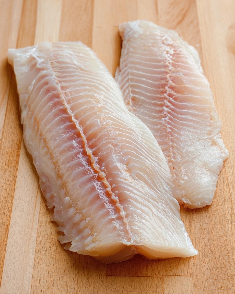 Two raw white fish fillets lie flat on a light wooden surface with visible grain patterns. The fillets show a smooth, shiny texture with slight translucent qualities and natural cuts and lines following the fish’s natural shape. The edges of the fillets are slightly uneven, and the fish has a pale pinkish-white color with faint darker lines running vertically. The surface reflects light softly, showing freshness. photo taken with an iphone --ar 4:5 --v 7