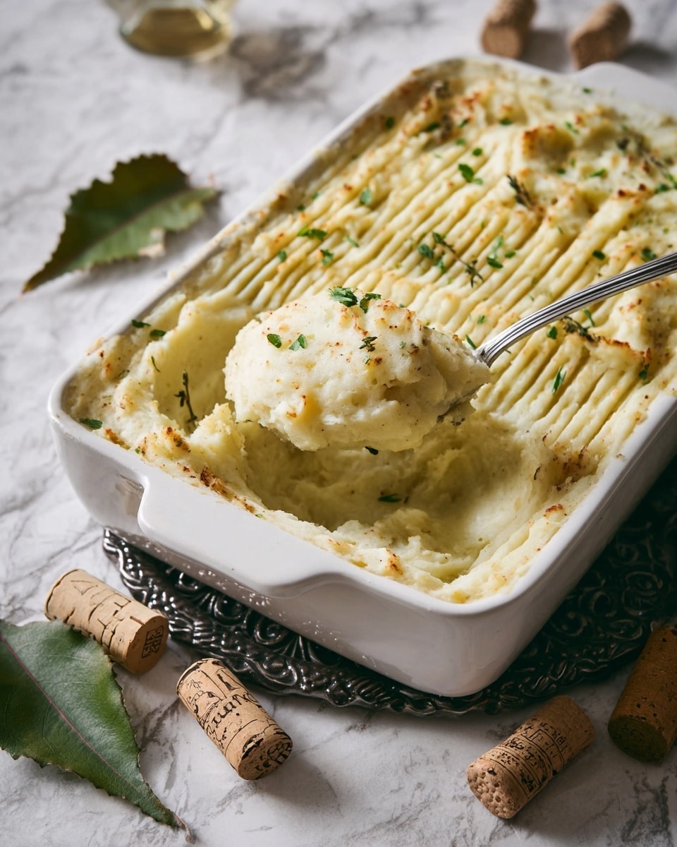 A white rectangular baking dish filled with a creamy pale mashed potato layer, textured with thin parallel grooves on top. The surface is lightly browned, sprinkled with small green chopped herbs scattered over. A metal spoon lifts a generous scoop, showing the soft, smooth inside of the mashed potato. The dish sits on a dark decorative trivet on a white marbled surface. In the foreground, a string of corks and a green leaf add rustic touches. Photo taken with an iphone --ar 4:5 --v 7
