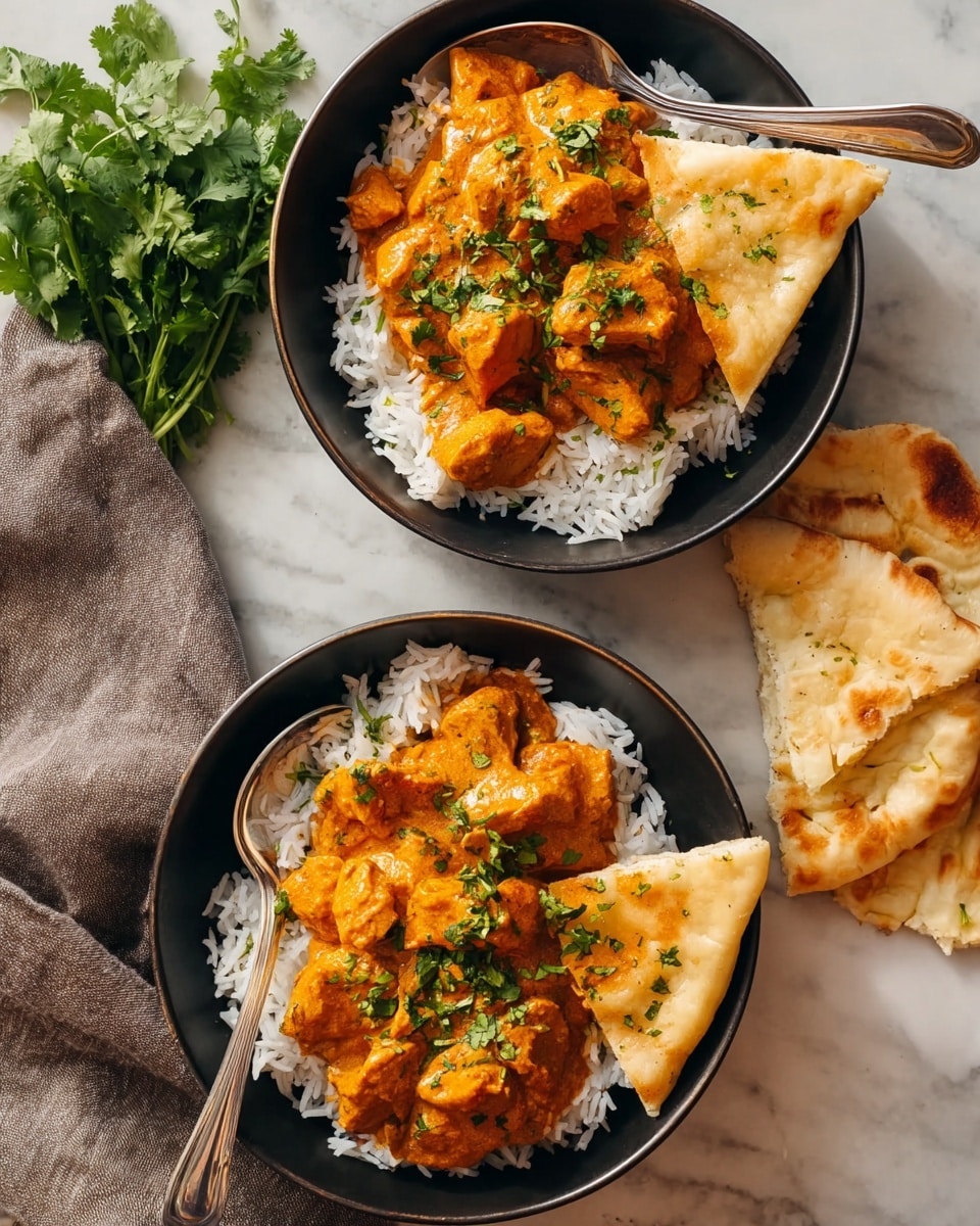 Two black bowls sit on a white marbled surface, each filled with three layers: the bottom layer is white rice, topped with chunky orange curry with visible bits of chicken, and garnished with green chopped herbs. One bowl also has a triangular piece of toasted naan bread resting on the side of the rice and curry. Next to the top bowl, there is a small bunch of fresh green cilantro leaves. A silver fork and spoon rest crossed on the top bowl’s edge, and two torn pieces of naan bread lie beside the bottom bowl. The lighting is natural and soft. Photo taken with an iphone --ar 4:5 --v 7