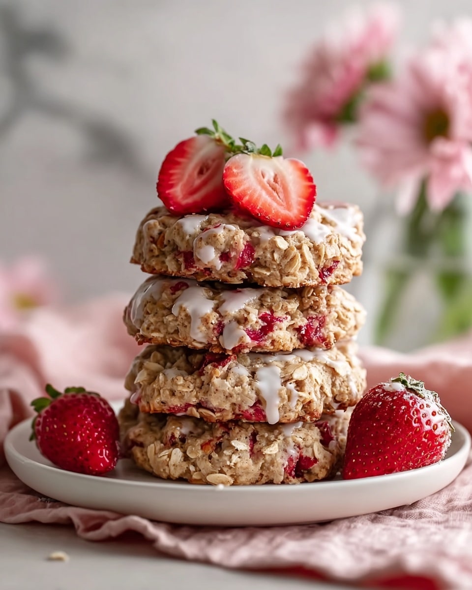 A stack of four thick oatmeal cookies with visible oatmeal flakes and pieces of red strawberries mixed inside each cookie. The top cookie has two fresh strawberry halves placed on it, with a light drizzle of white glaze over the strawberries and cookies. The cookies sit on a white plate on a soft pink cloth, with whole strawberries placed around the base of the stack. The background shows a blurred glass vase with pink flowers on a white marbled surface. photo taken with an iphone --ar 4:5 --v 7