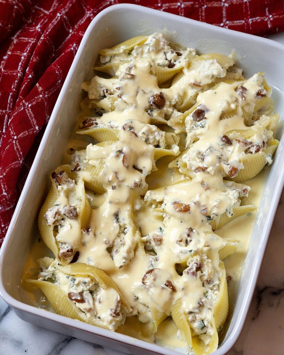 The image shows a white rectangular baking dish filled with large pasta shells layered closely together. Each shell is stuffed with a white cheese mixture mixed with small bits of brown ingredients, likely mushrooms or herbs. A creamy, pale yellow sauce is poured generously over the stuffed shells, covering most of them with a smooth texture that pools slightly around the edges. The dish sits on a white marbled surface with a red cloth featuring white cross patterns partly visible in the background. Photo taken with an iphone --ar 4:5 --v 7