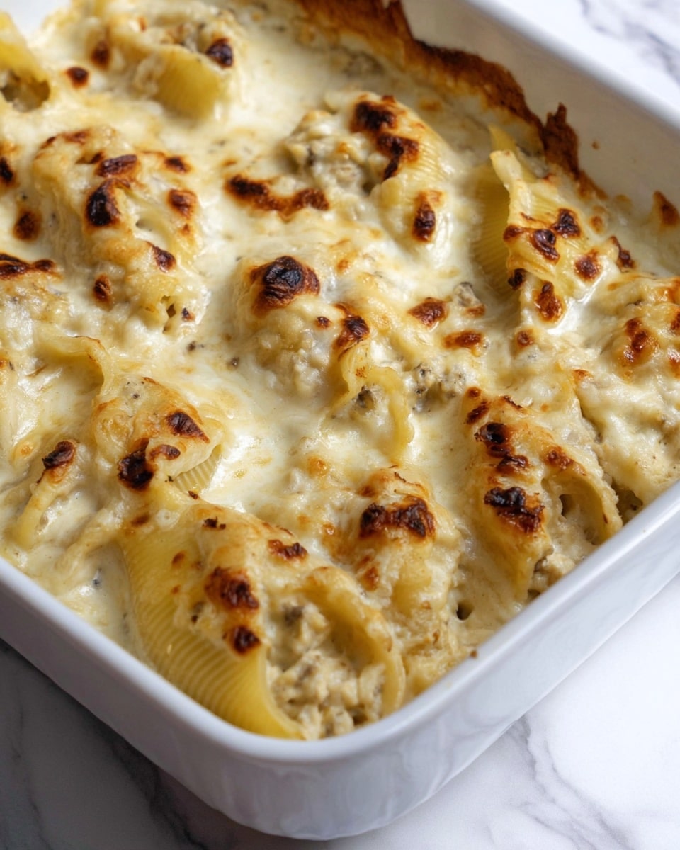 This image shows a close-up of a white square baking dish filled with a creamy baked pasta dish. The dish has two visible layers: a thick bottom layer of stuffed pasta shells filled with a light beige mixture, and a top layer of melted cheese sauce that is creamy white with golden brown spots from baking. The pasta shells are textured with small ridges and some browned edges, creating a mix of smooth and slightly crispy textures. The background is a white marbled surface. Photo taken with an iphone --ar 4:5 --v 7
