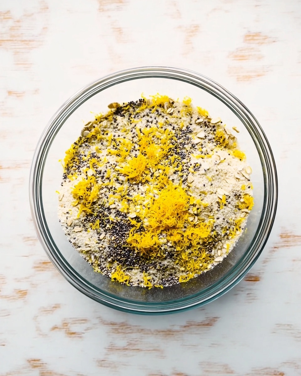 A clear glass bowl sits on a white marbled surface, filled with a mixture of layers seen from above; the bottom layer is a scattered mix of small black seeds, beige oats, and fine white powder, topped with bright yellow shredded zest spread unevenly across the center and sides. The bowl’s round edges are visible, showing the clear glass texture and the mix’s detailed grains and shreds inside. photo taken with an iphone --ar 4:5 --v 7
