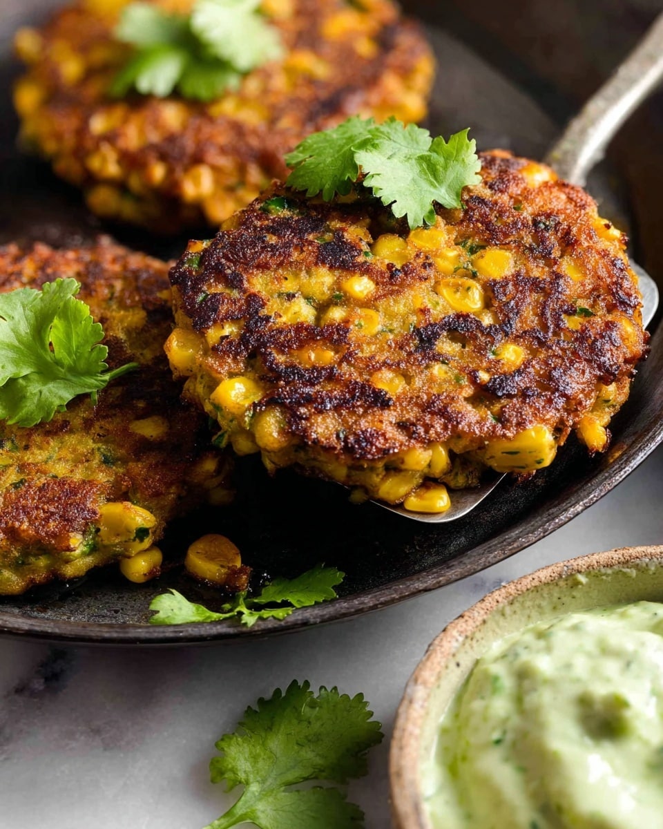 Three thick, round corn fritters with a golden-brown and slightly crispy surface, showing bits of yellow corn and green herbs inside. The fritters rest in a dark pan, with one lifted slightly by a metal spatula. Fresh green cilantro leaves are placed on top and around the fritters. In the foreground, part of a small bowl with light green dip is visible. The background features a white marbled texture. Photo taken with an iphone --ar 4:5 --v 7