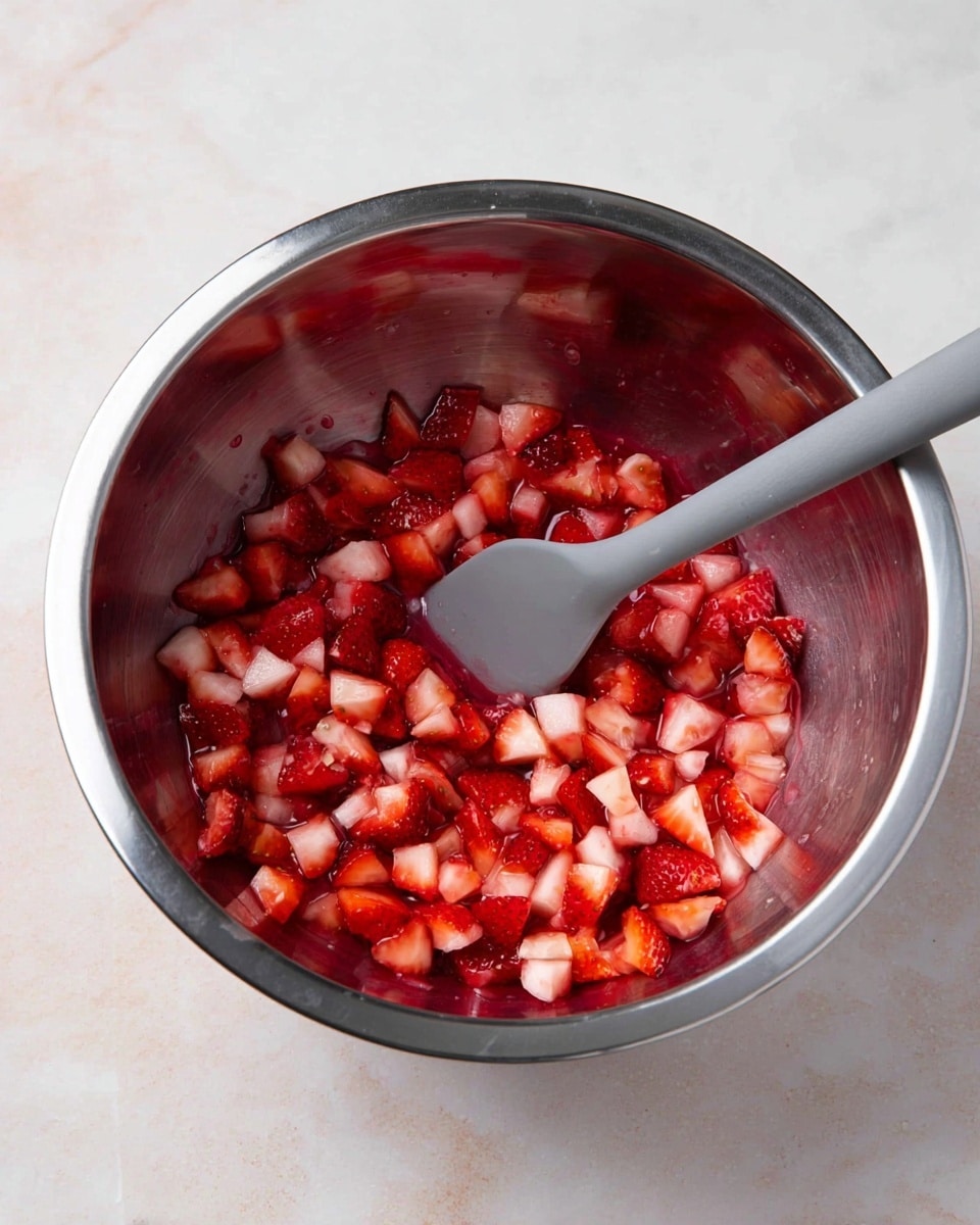 A shiny silver mixing bowl filled with small diced strawberries in a red liquid, evenly spread inside the bowl. The strawberries show bright red and pale white colors, making a textured layer of mixed fruit and juice. A gray spatula with a long handle is inserted in the bowl, standing upright among the fruit. The bowl is placed on a white marbled surface. photo taken with an iphone --ar 4:5 --v 7