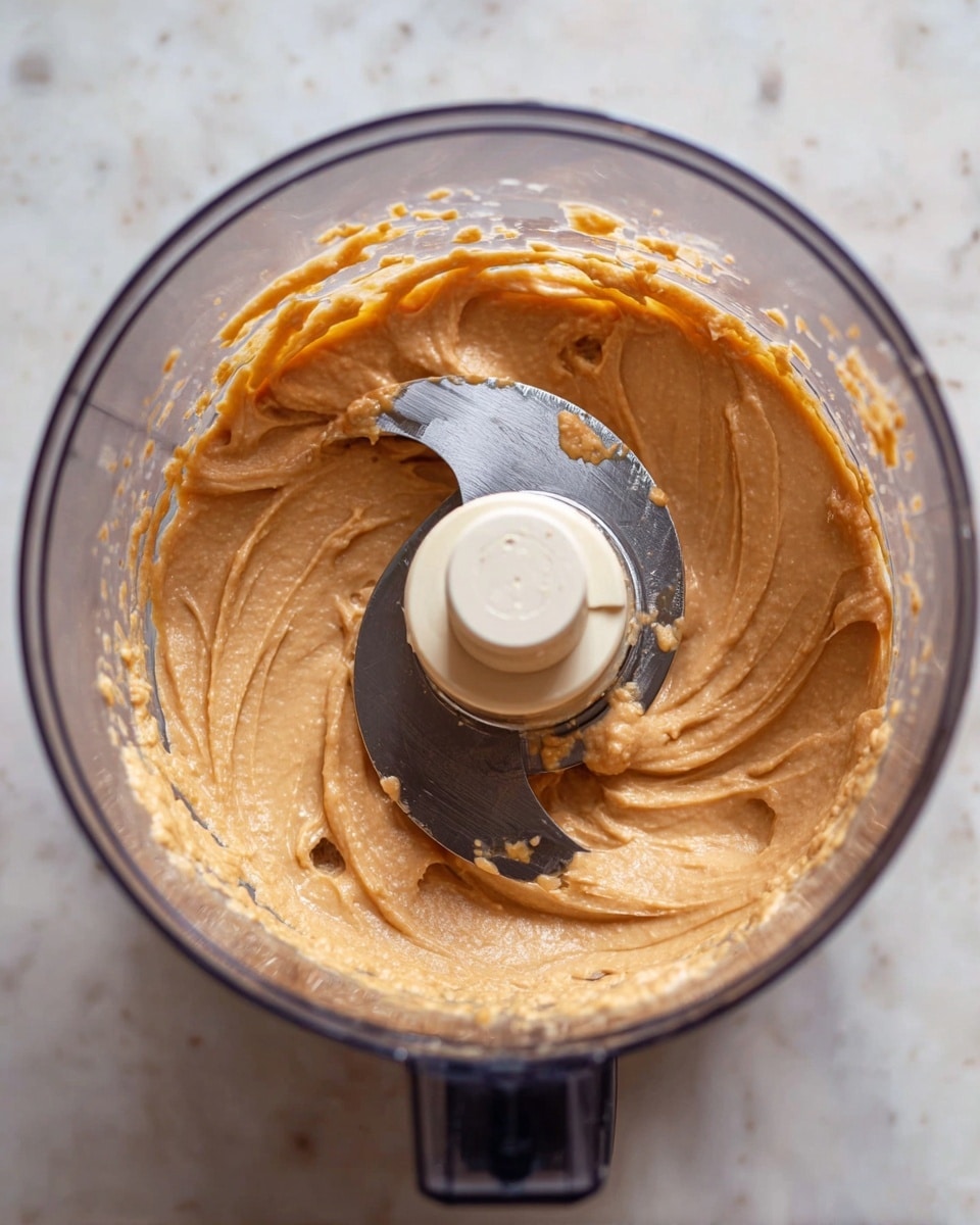 The image shows a top view inside a clear food processor bowl containing a smooth, creamy light brown spread. The spread has a slightly glossy texture and is evenly thick, covering the bottom layer around the sharp silver blade in the center. Small bits of the mixture stick lightly to the bowl's sides. The food processor is placed on a white marbled surface, giving a clean and simple background. photo taken with an iphone --ar 4:5 --v 7
