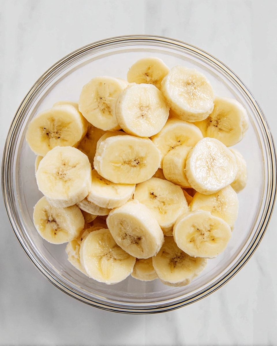 A clear glass bowl filled with roughly two dozen round slices of banana, each slice pale yellow with a slightly soft texture and small dark seeds visible in the center. The bowl sits on a white marbled surface, and the banana slices are evenly layered without overlapping too much, showing the smooth, slightly moist texture of the fruit. photo taken with an iphone --ar 4:5 --v 7