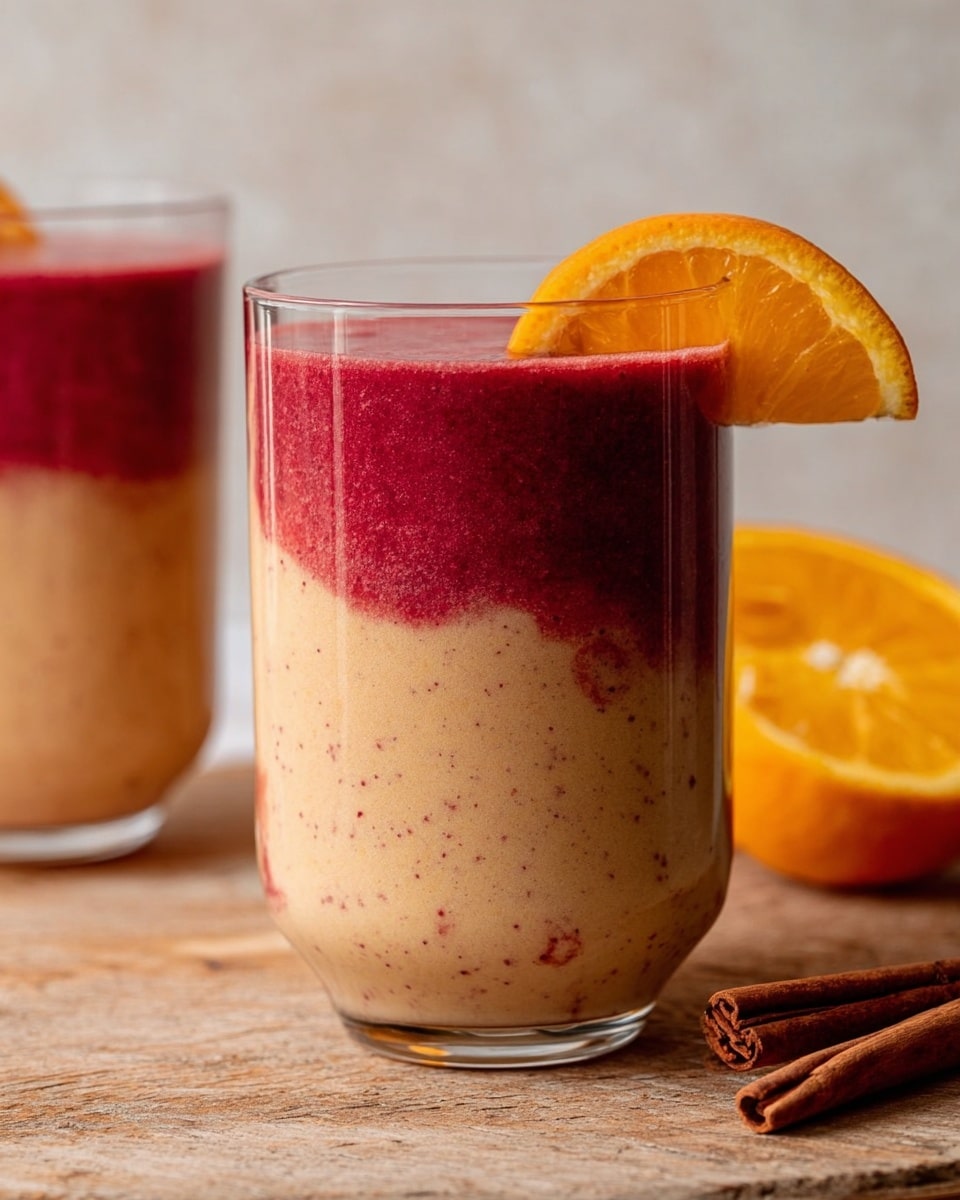 The image shows a clear glass filled with a two-layered smoothie placed on a rustic wooden surface. The bottom layer is creamy beige with small dark specks, and the top layer is a deep red, slightly blended into the layer below, creating a marbled effect. There is a thin, bright orange slice garnishing the rim of the glass. Another similar glass is partially visible in the background, along with two cinnamon sticks lying on the wooden surface and a halved orange to the right. The background has a soft, neutral tone, and the visible surface is changed into white marbled texture. photo taken with an iphone --ar 4:5 --v 7