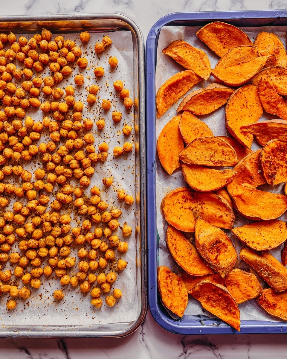 Two baking trays lined with white parchment paper sit side by side on a white marbled surface. The left tray is filled with small, round roasted chickpeas, golden brown with some darker specks of seasoning scattered evenly across them. The right tray holds many orange sweet potato slices, cut into half-moon shapes with some browning and seasoning visible on their surface. Both trays have a vibrant, warm look, highlighting the textures of the roasted chickpeas and crispy sweet potato slices. photo taken with an iphone --ar 4:5 --v 7